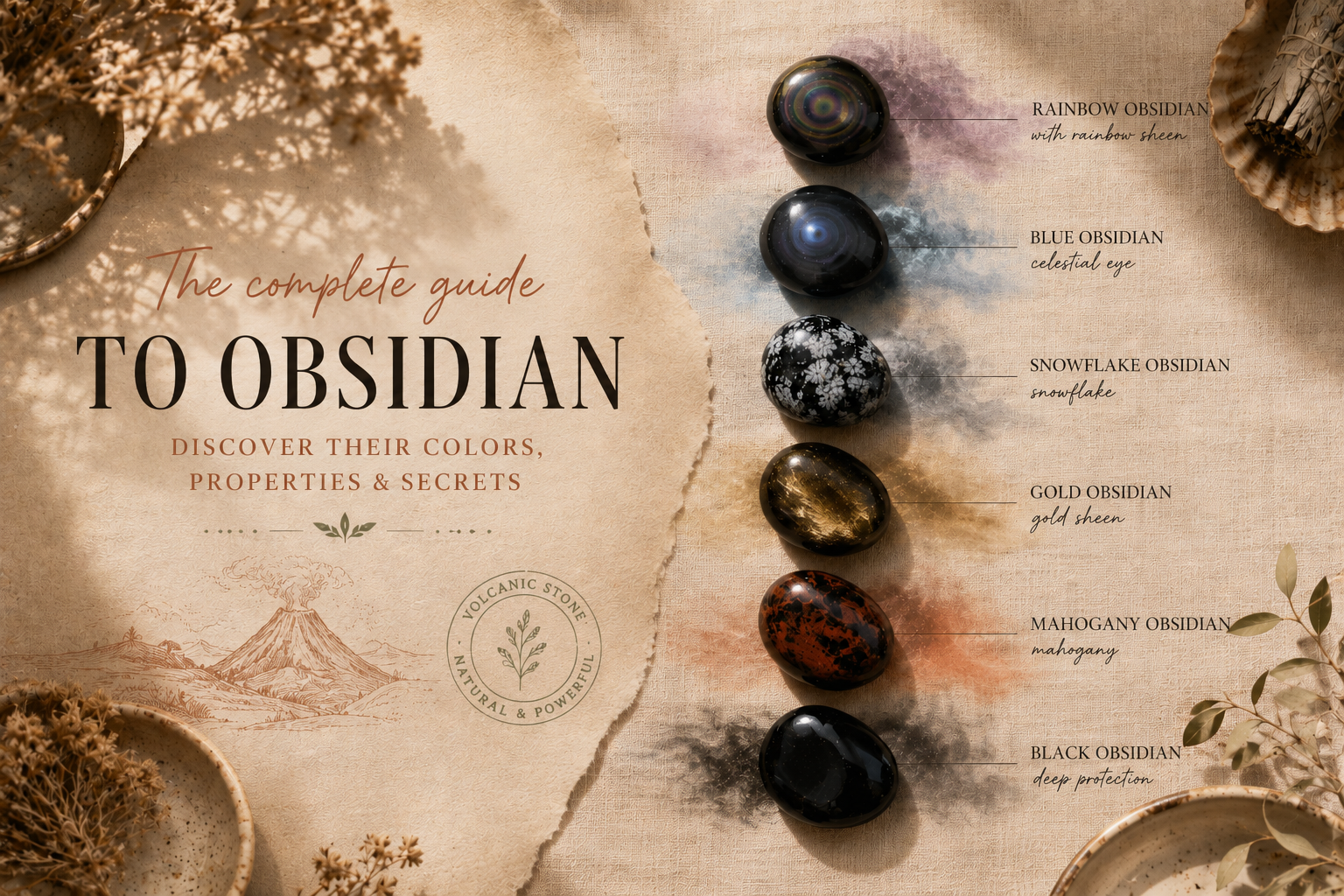 Obsidian pieces in different varieties aligned along the seven chakras