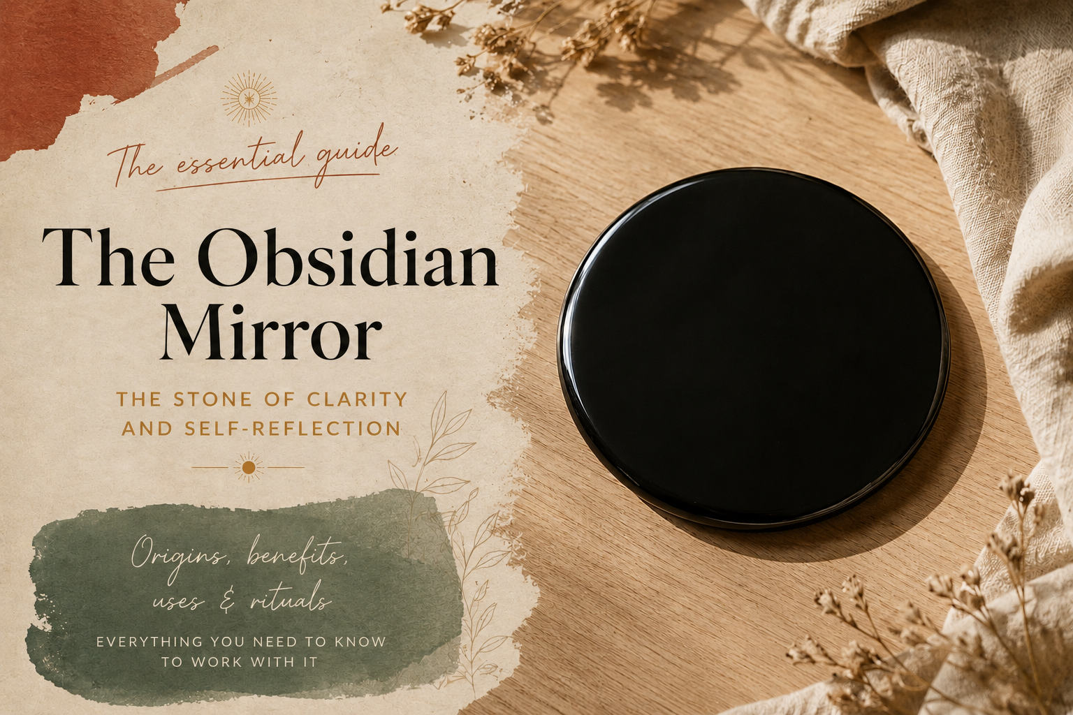 Polished black obsidian disc resting on a light wooden table