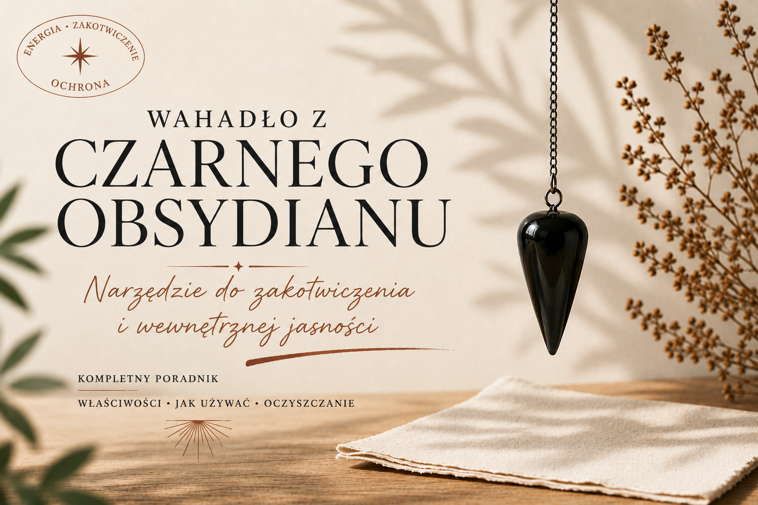 Wahadło z czarnego obsydianu zawieszone na łańcuszku nad drewnianym stołem
