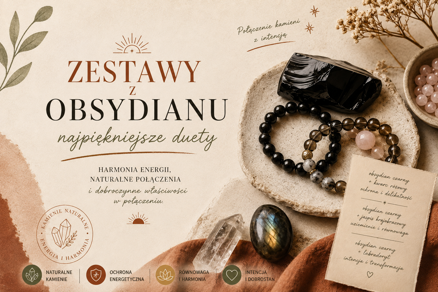 Łączenie obsydianu z innymi kamieniami naturalnymi: duety i trójki w litoterapii