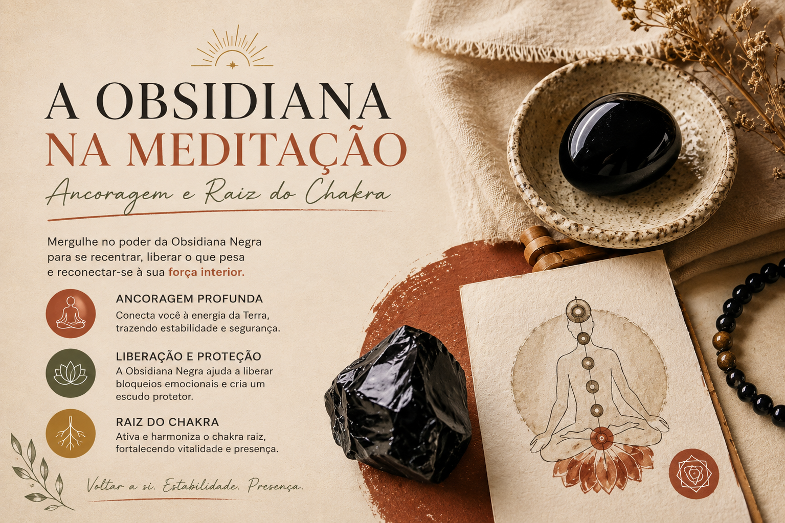 Meditar com uma obsidiana negra para se enraizar e acalmar o chakra raiz