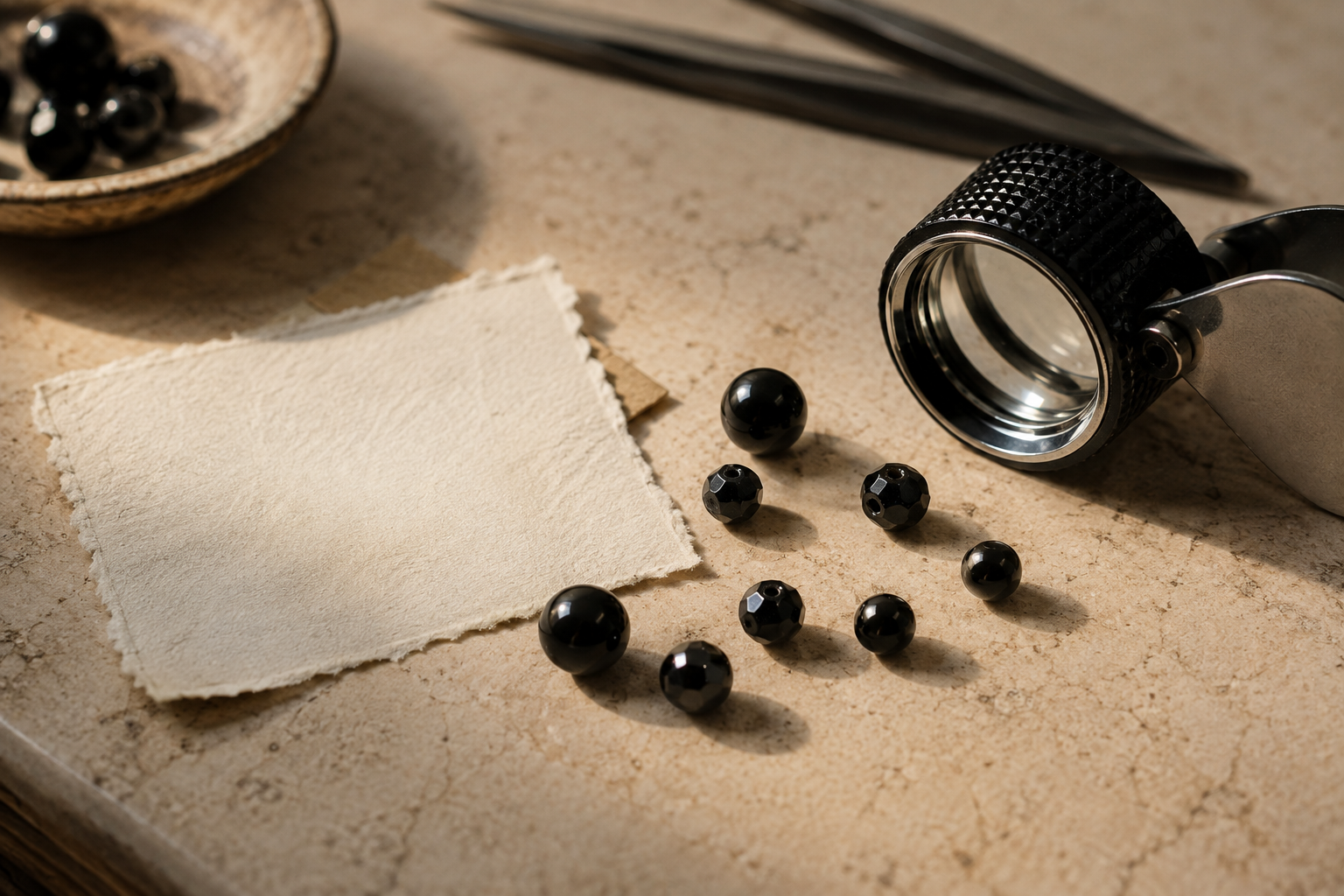 Perles noires examinées de près au-dessus d'une étiquette manuscrite