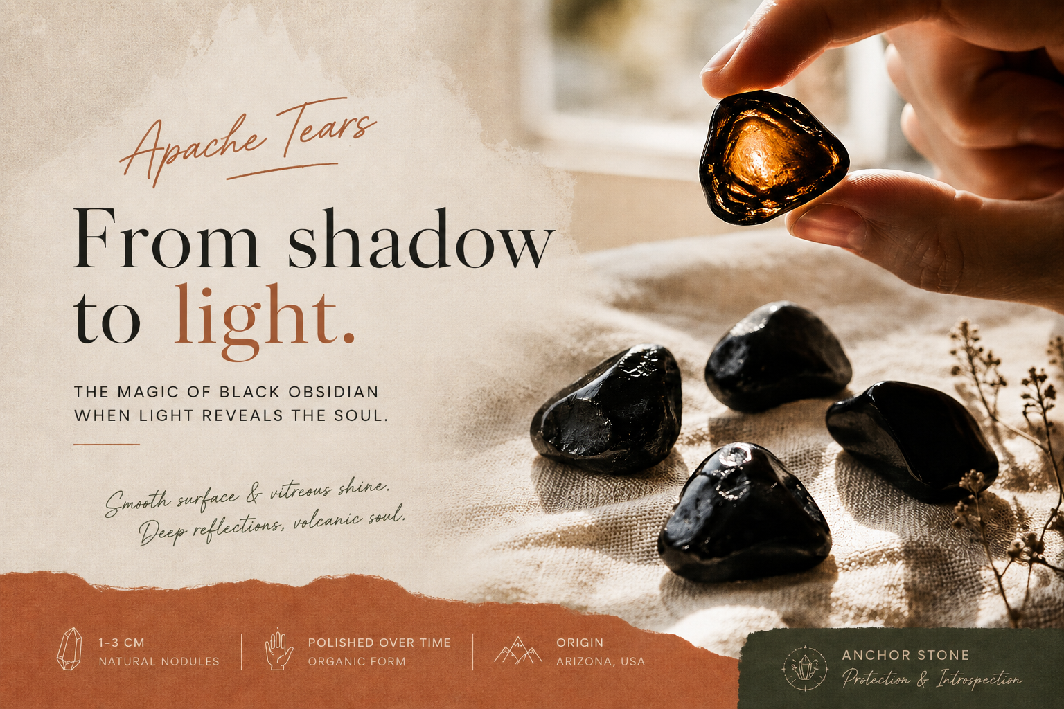 Apache tears, small translucent obsidian pebbles held up to the light