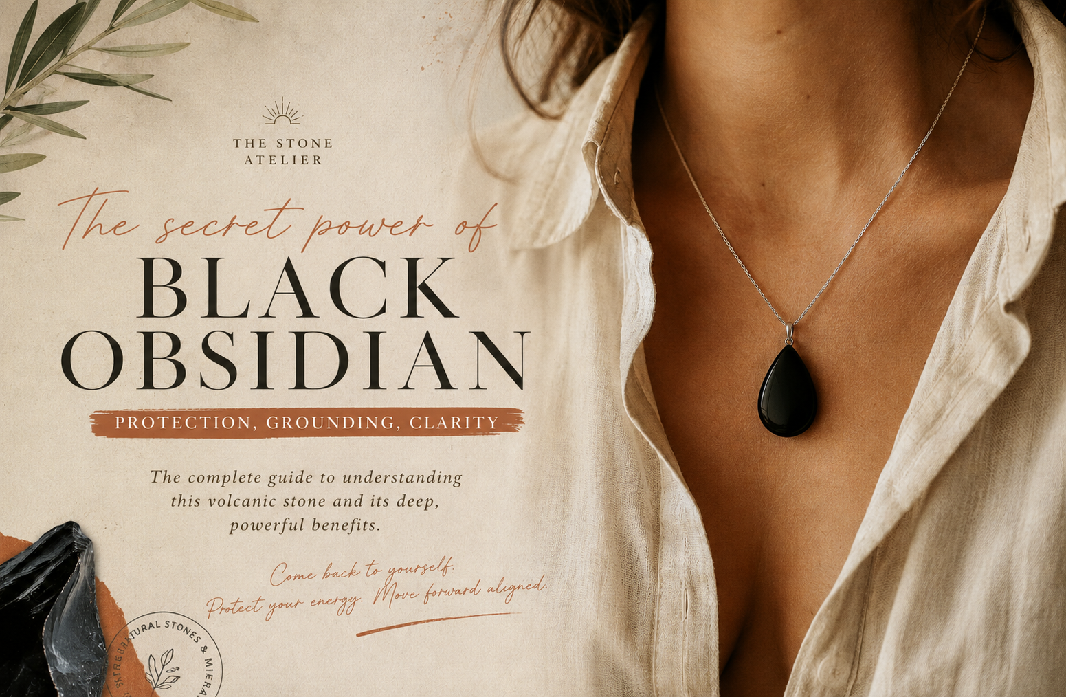 Black obsidian pendant worn on a light linen blouse