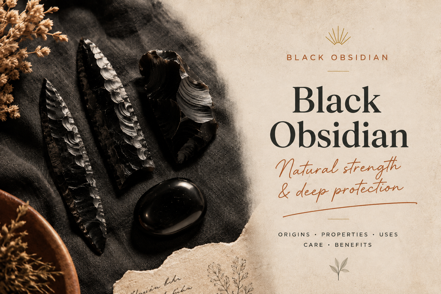 Black obsidian fragments and blades arranged on dark fabric