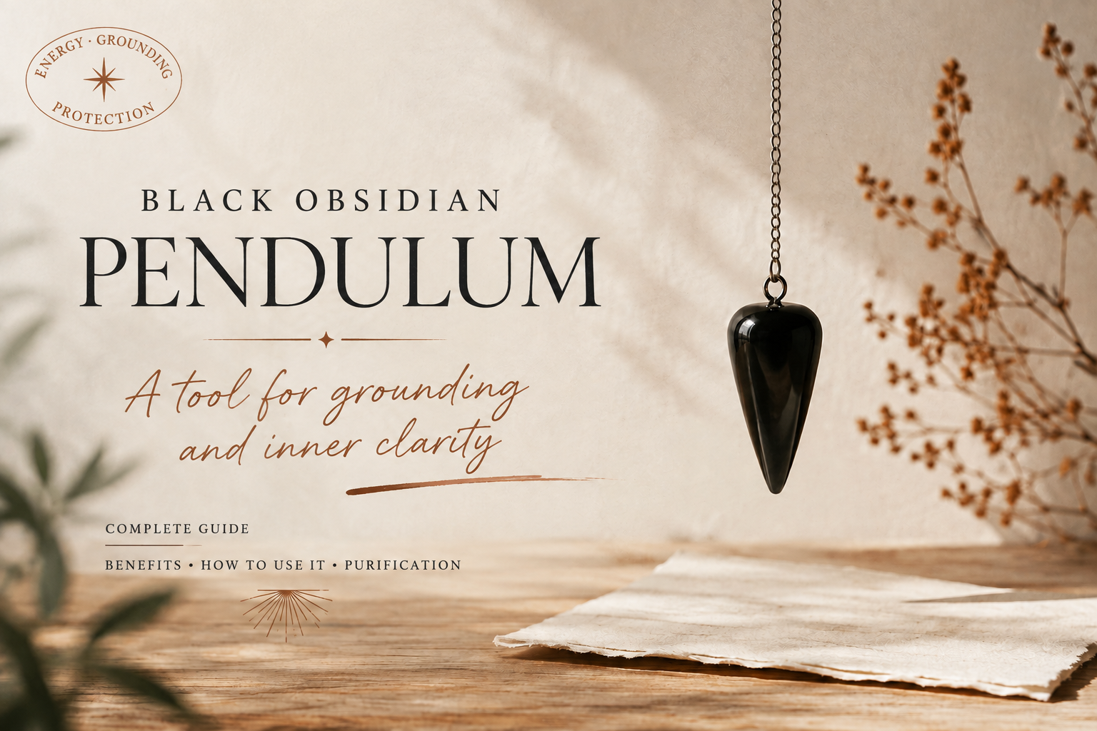 Black obsidian pendulum hanging from a chain over a wooden table