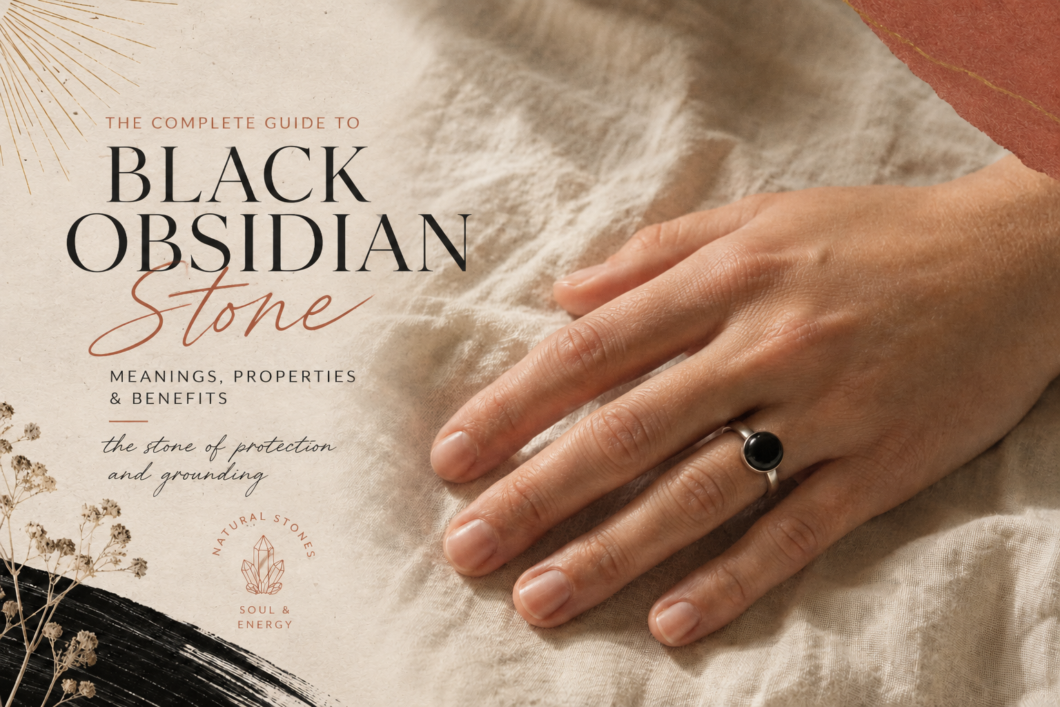 Black obsidian ring worn on the ring finger, hand resting on light linen