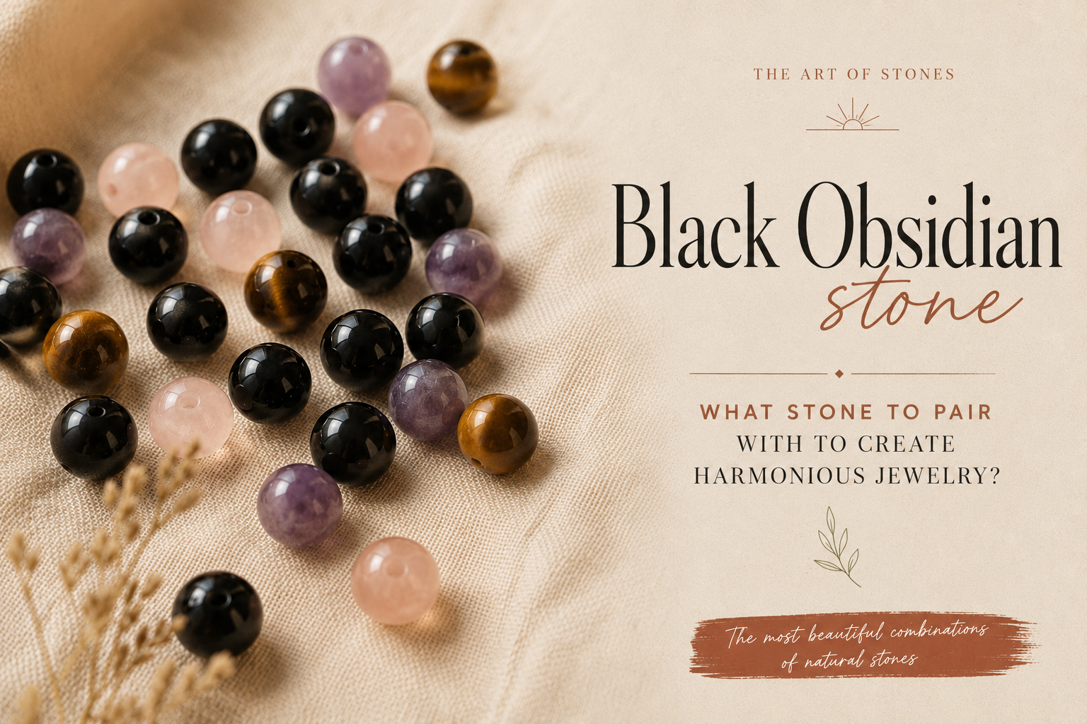 Black obsidian beads and coloured crystal beads mixed on pale linen