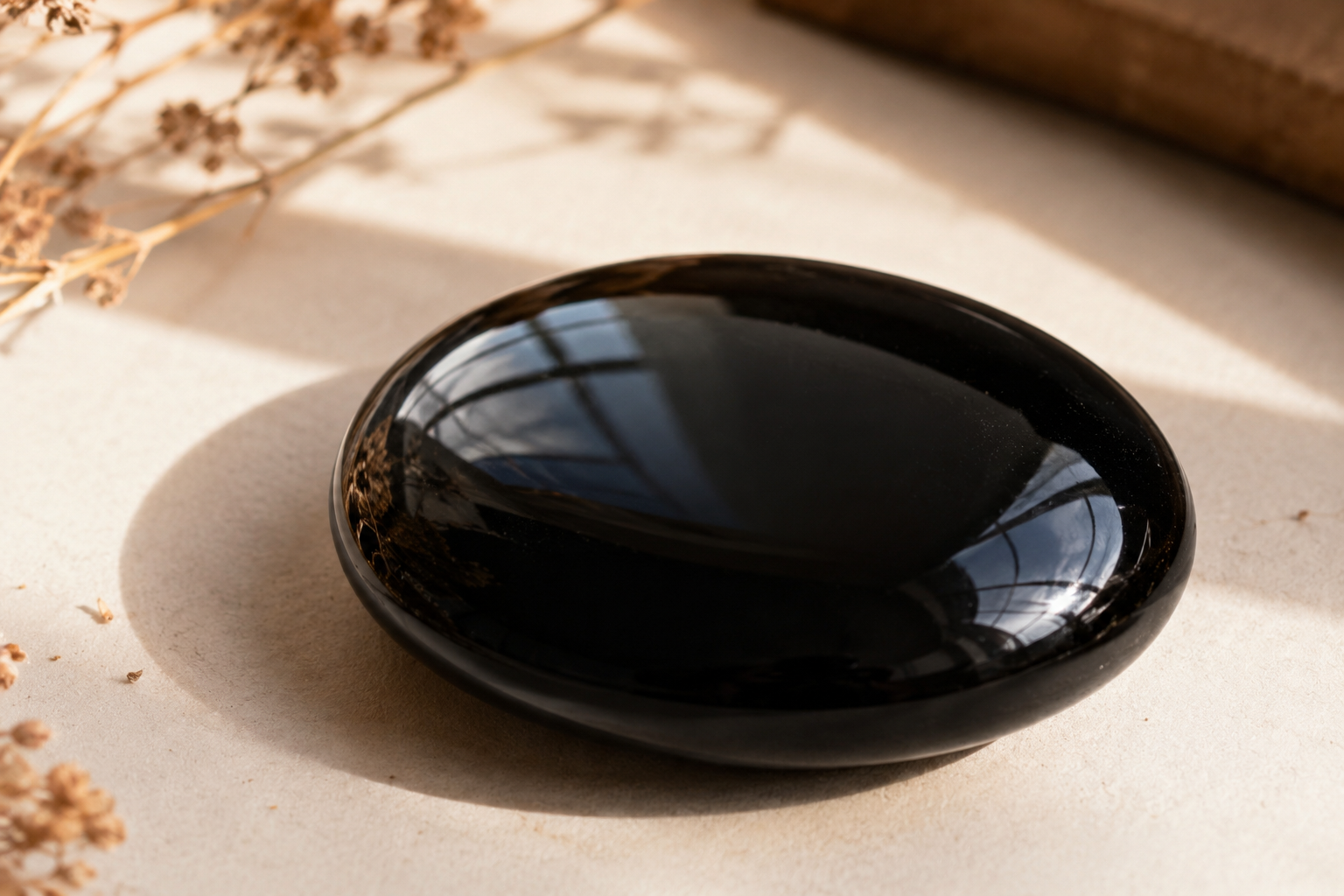 Polished black obsidian, deep and glassy