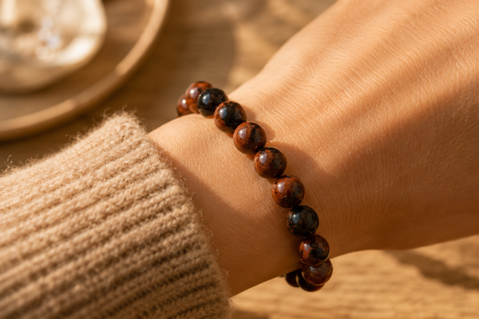 Bracelet en obsidienne acajou porté au poignet