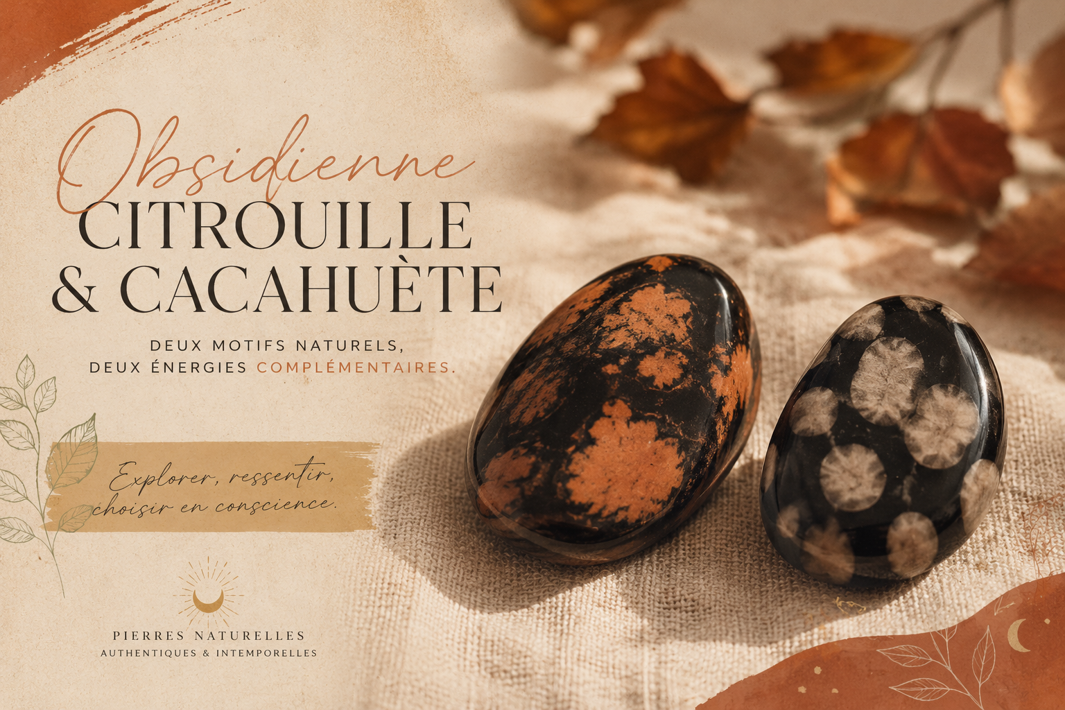 L'obsidienne citrouille et l'obsidienne cacahuète Obsidienne citrouille orangée et obsidienne cacahuète beige côte à côte