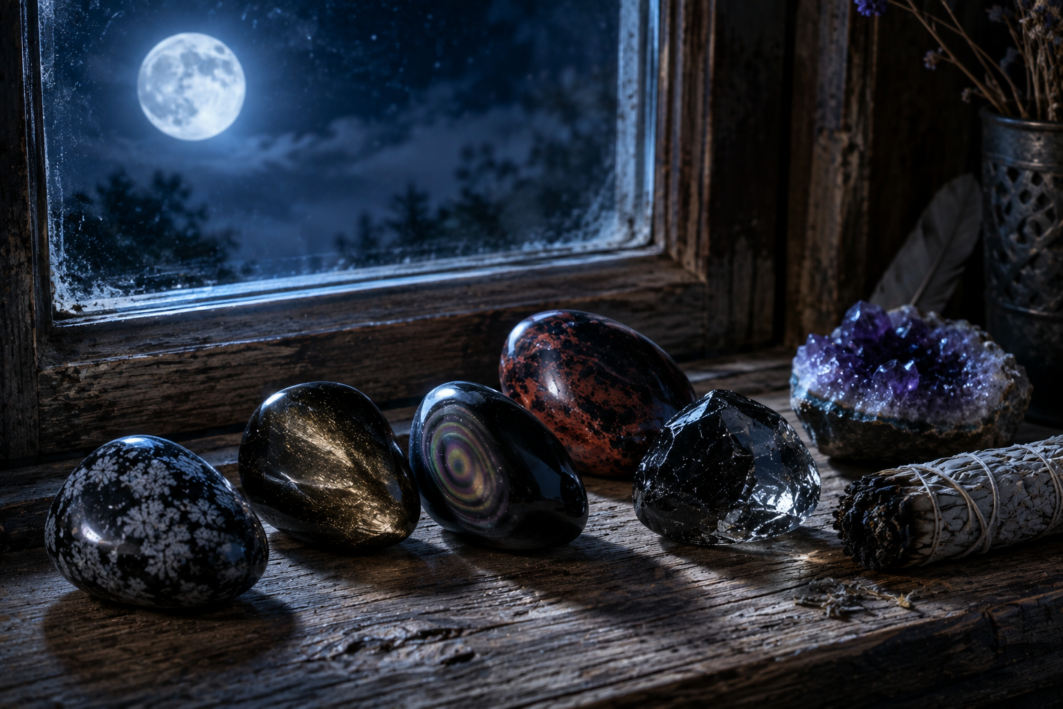 Several obsidian varieties resting on a windowsill under moonlight