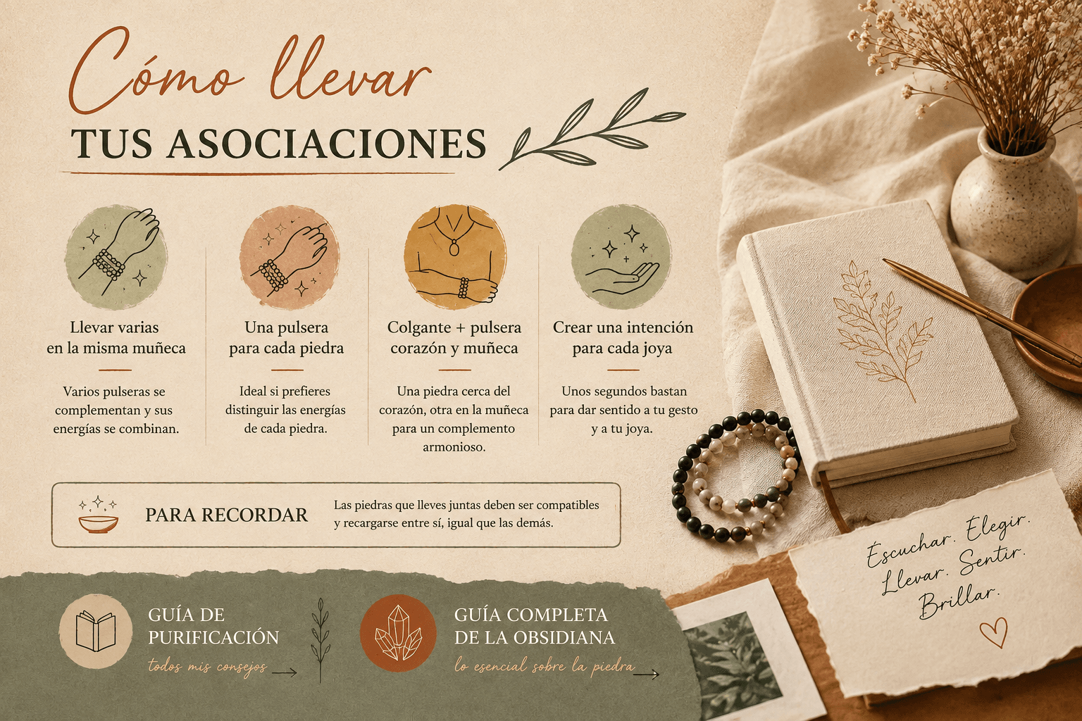 Varias pulseras de piedras naturales apiladas en la misma muñeca