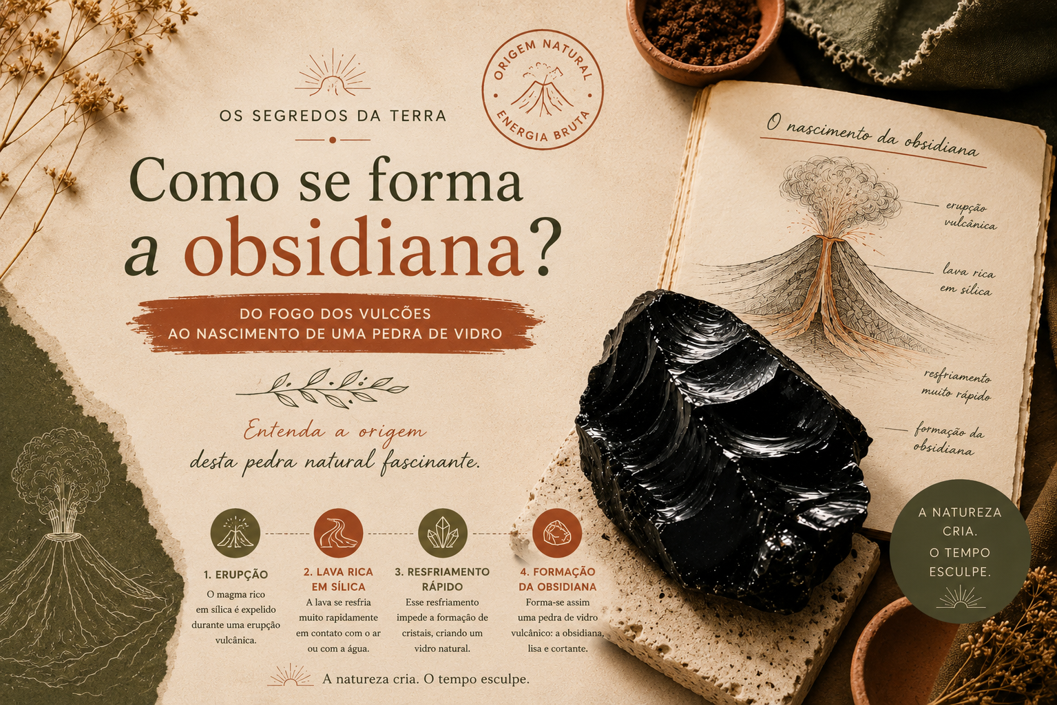 Pedra obsidiana negra bruta, vidro vulcânico