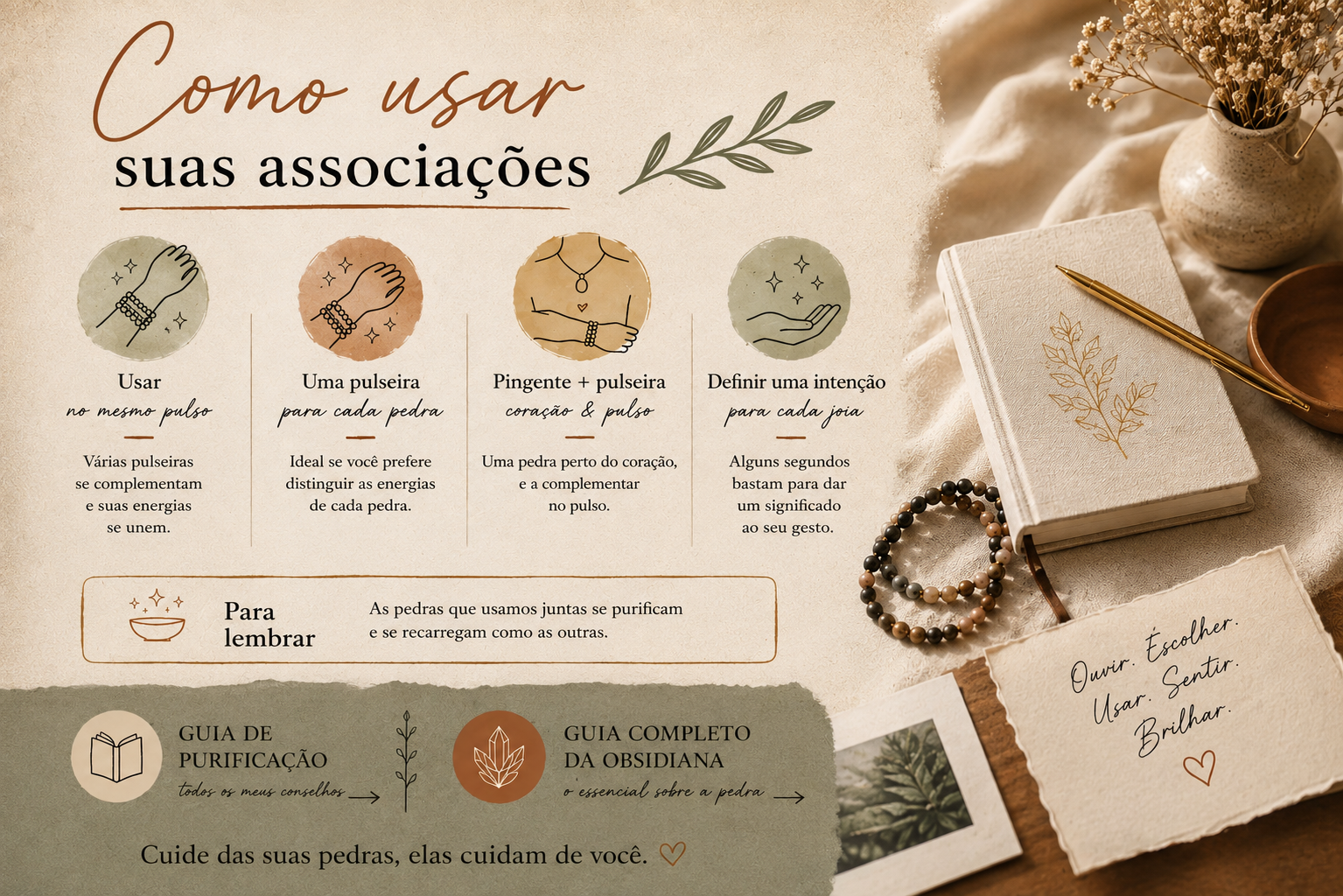 Combinações da obsidiana: as duplas mais bonitas Várias pulseiras de pedras naturais empilhadas no mesmo pulso