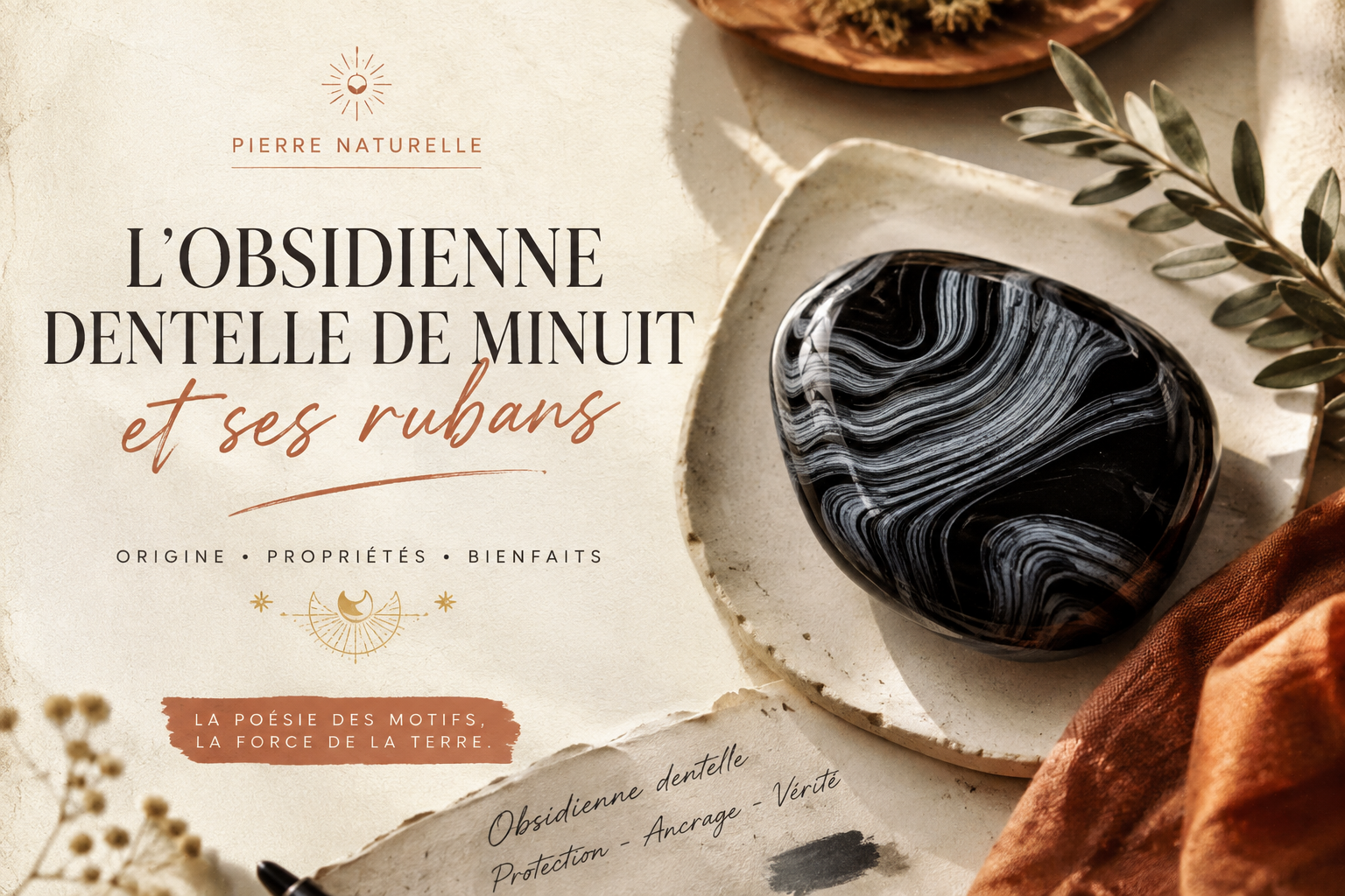 L'obsidienne dentelle de minuit et ses rubans Obsidienne dentelle de minuit révélant ses rubans noirs à contre-jour