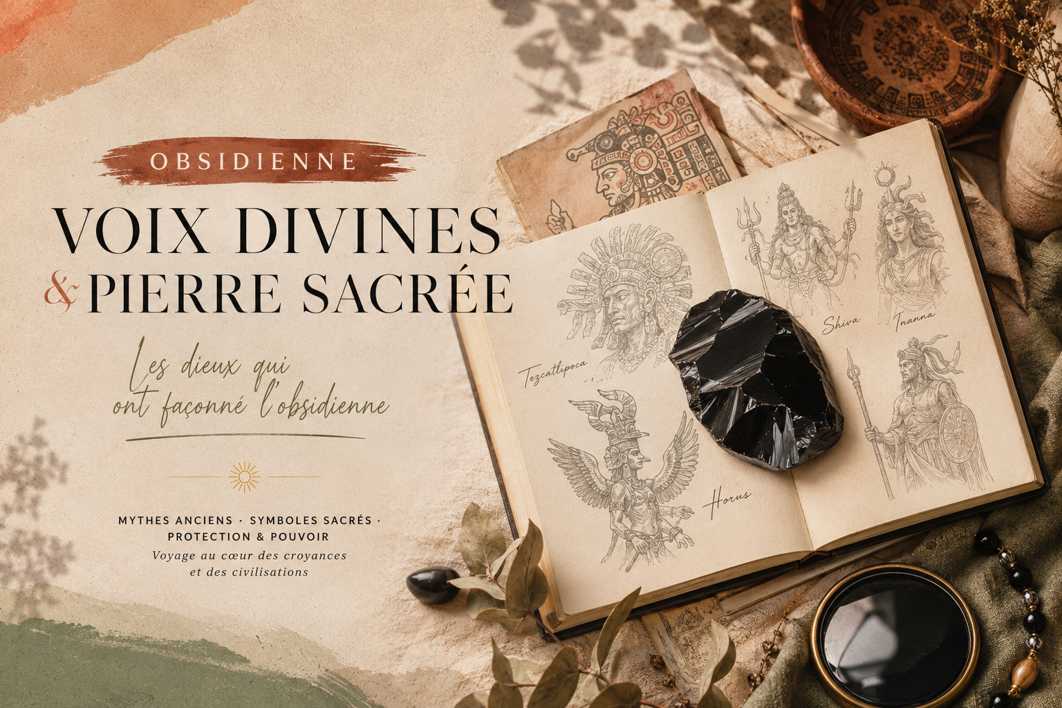Miroir d'obsidienne noire poli évoquant les divinités mésoaméricaines