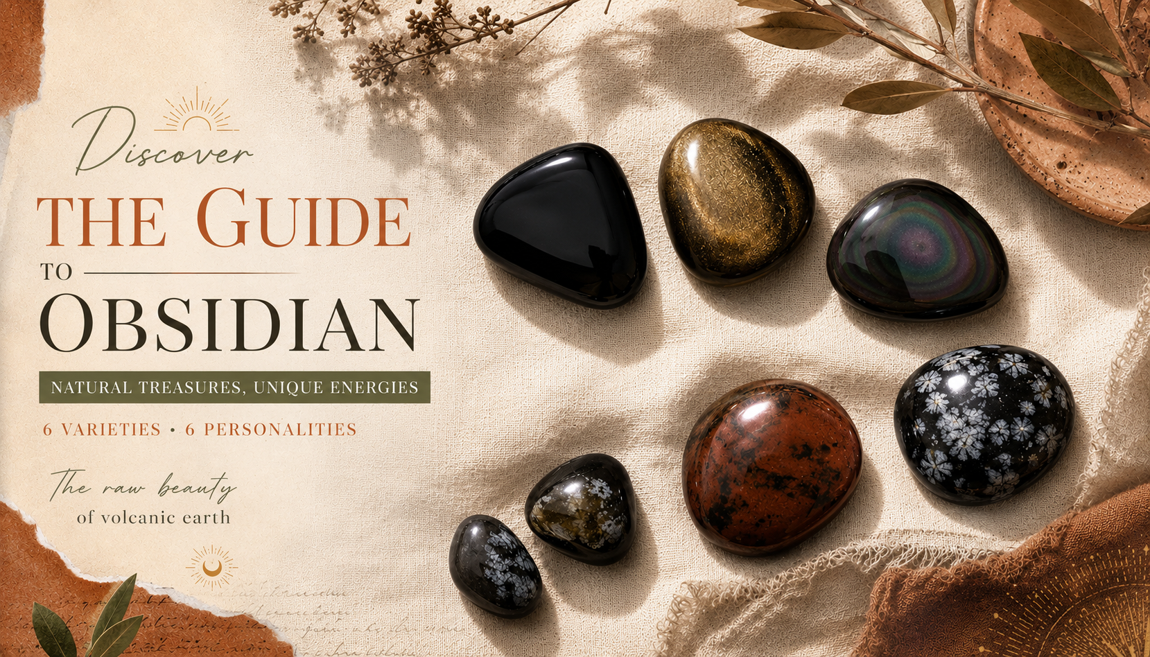 Five types of obsidian side by side: black, gold sheen, rainbow, snowflake and mahogany