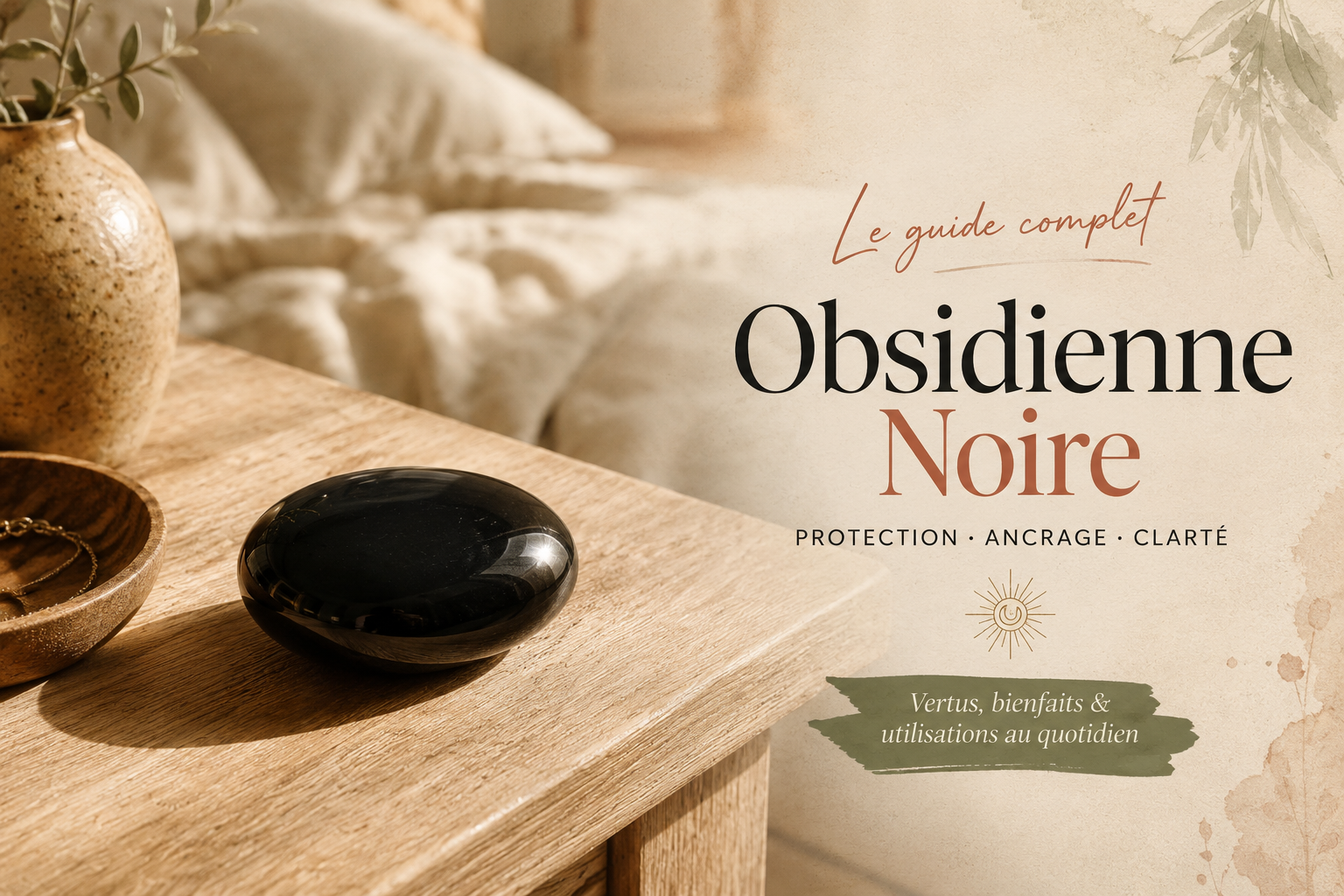 Obsidienne noire posée sur une table de chevet à côté d'un lit défait