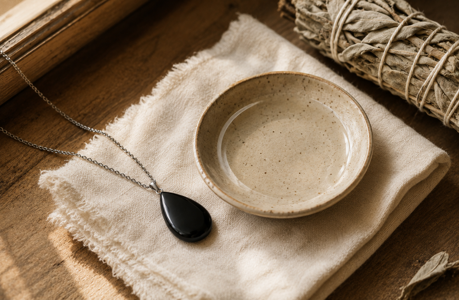 Chiffon de coton et pendentif d'obsidienne noire posés sur une soucoupe de céramique