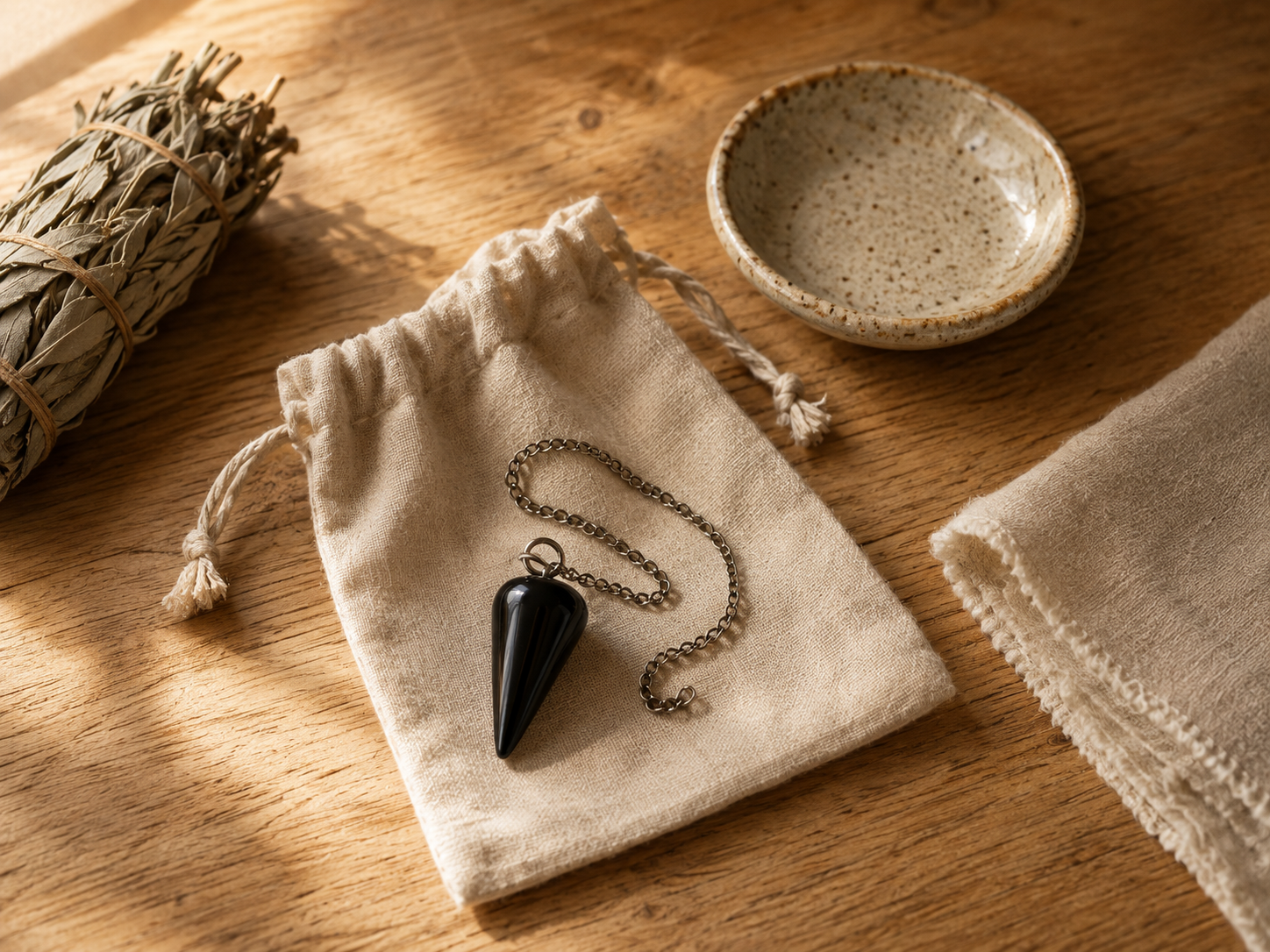 Pendule d'obsidienne noire rangé dans une pochette de tissu près d'une soucoupe en céramique
