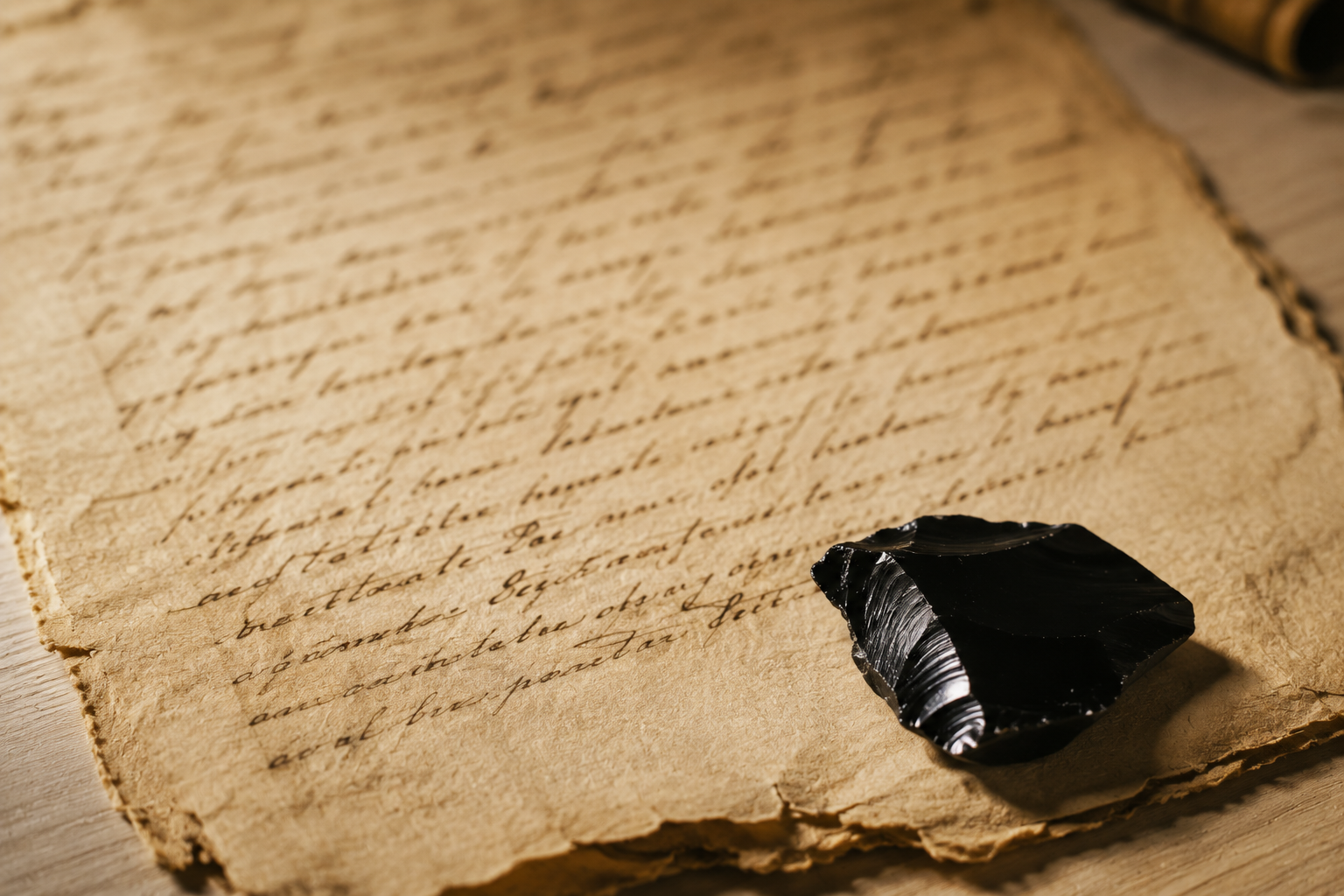 Page from an old manuscript open beside a fragment of obsidian