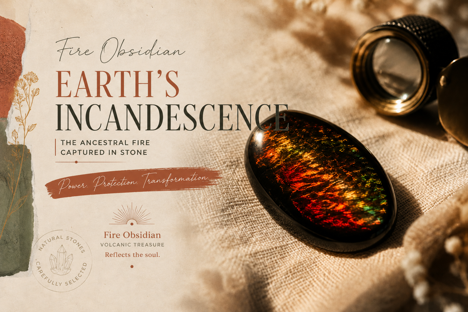 Polished fire obsidian with flame-red and green opal-like flashes