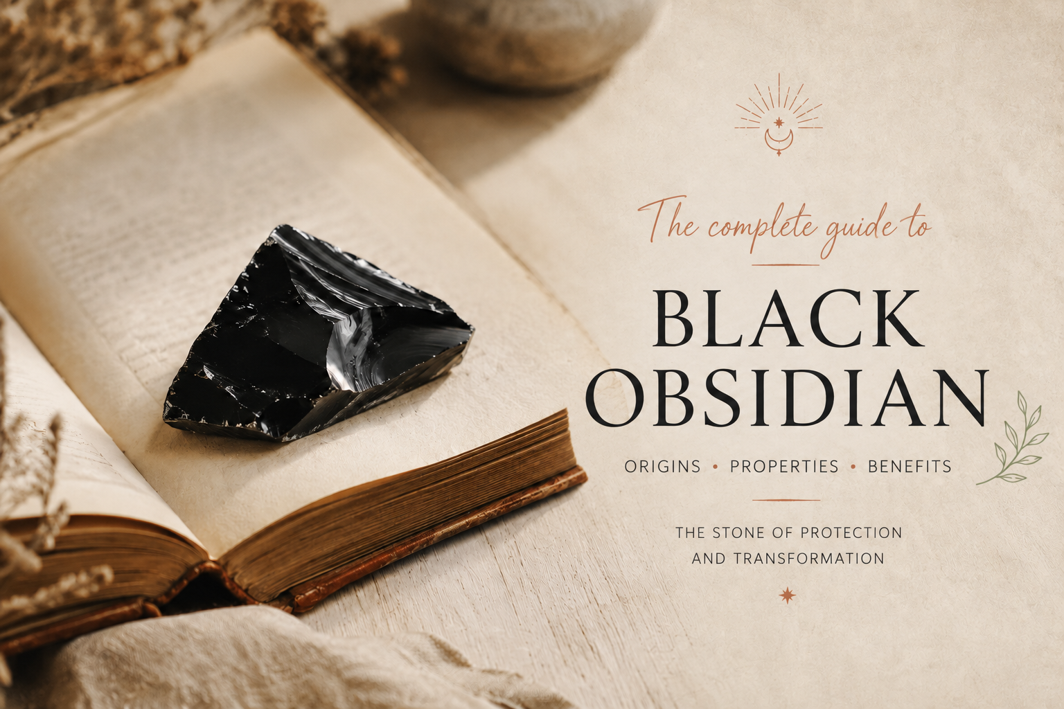 Black obsidian fragment resting on the pages of an old bound book