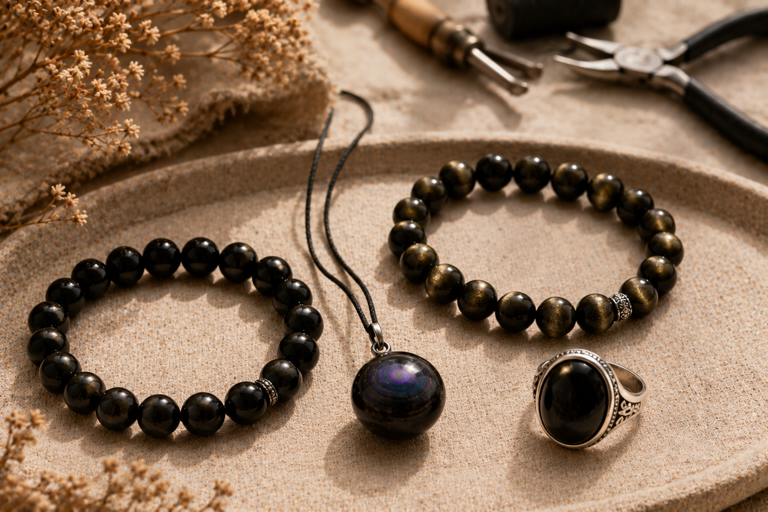 Handmade bracelets and pendants in several obsidian varieties on a linen cloth