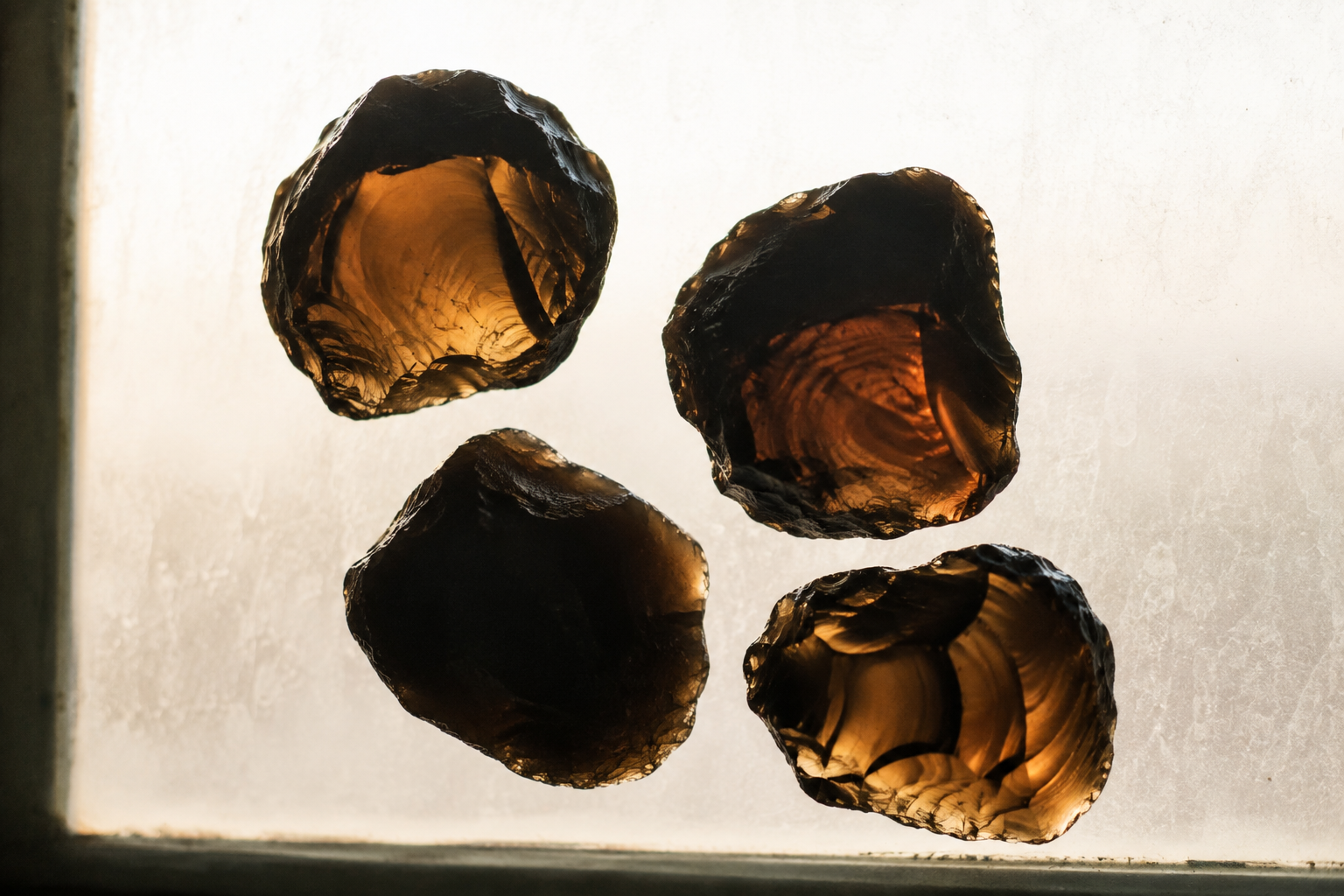 Mythes et légendes de la pierre d'obsidienne Nodules arrondis d'obsidienne translucide tenus devant une source de lumière