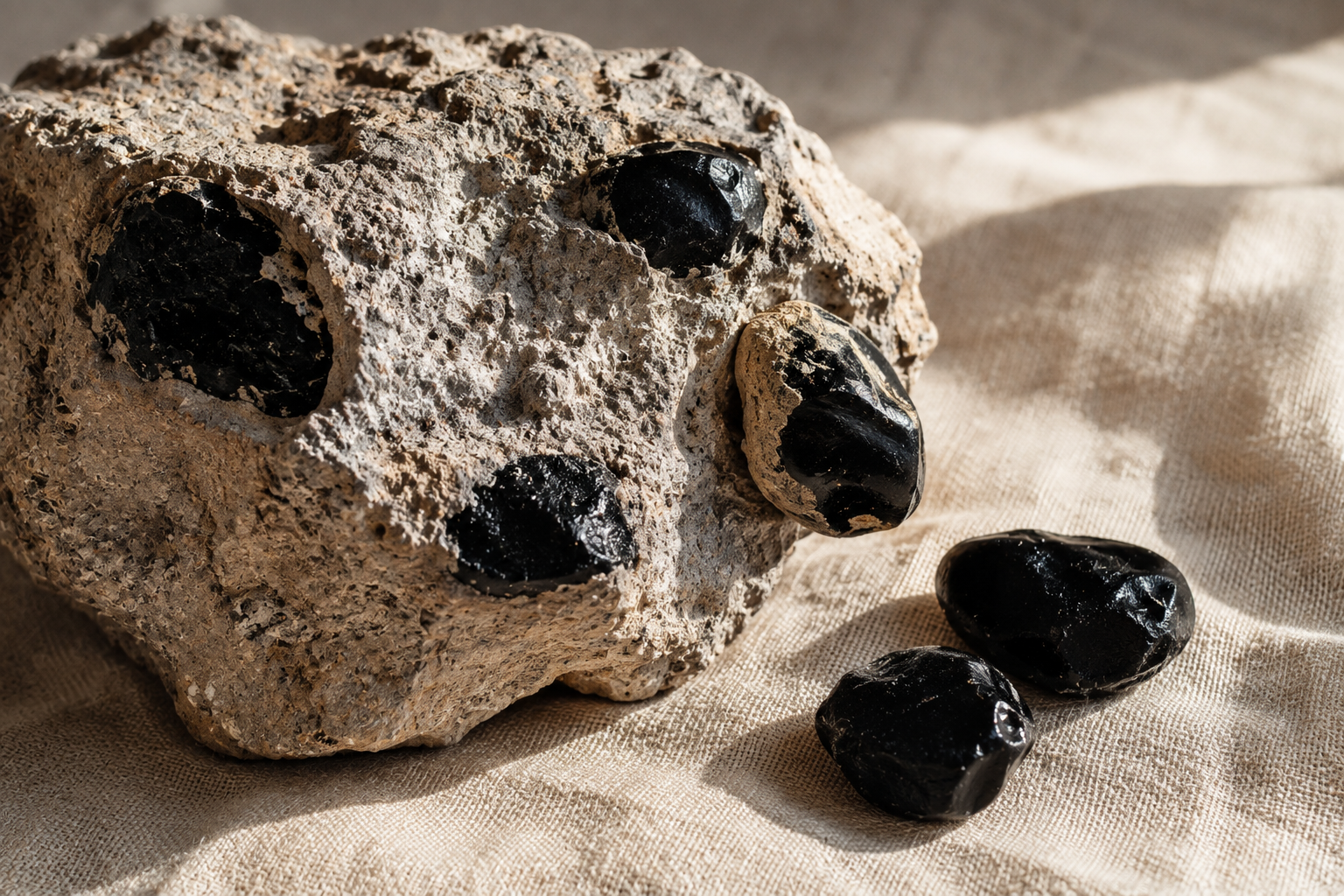 Nodules d'obsidienne enchâssés dans une matrice de perlite grise