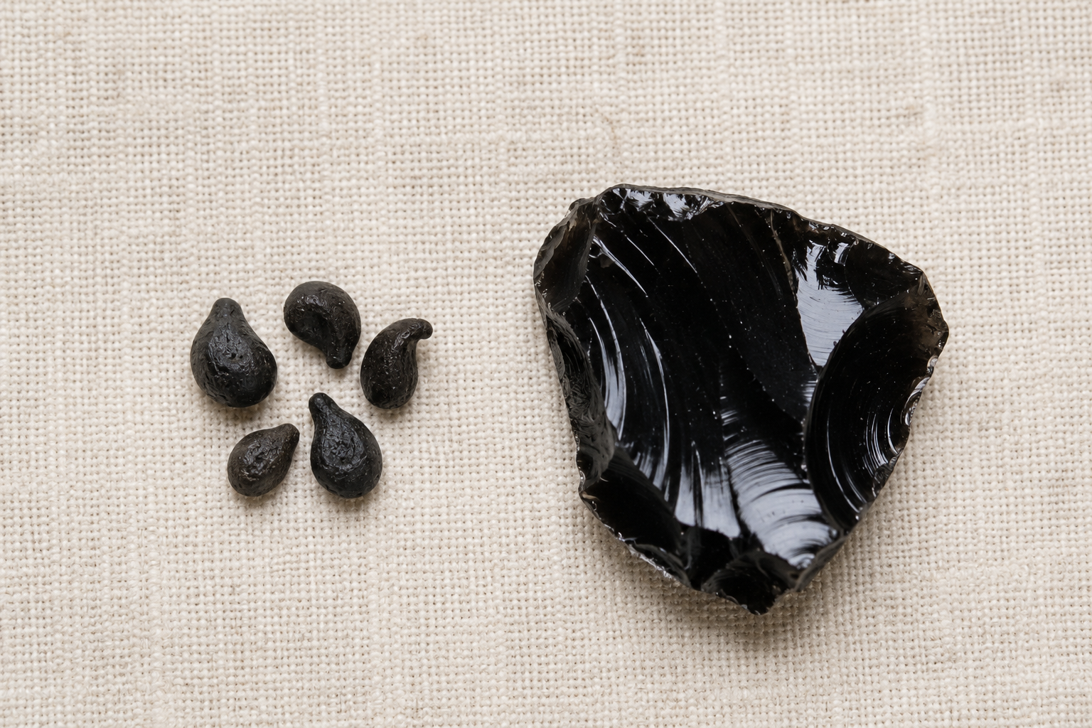 Mythes et légendes de la pierre d'obsidienne Gouttelettes de verre volcanique basaltique comparées à un éclat d'obsidienne