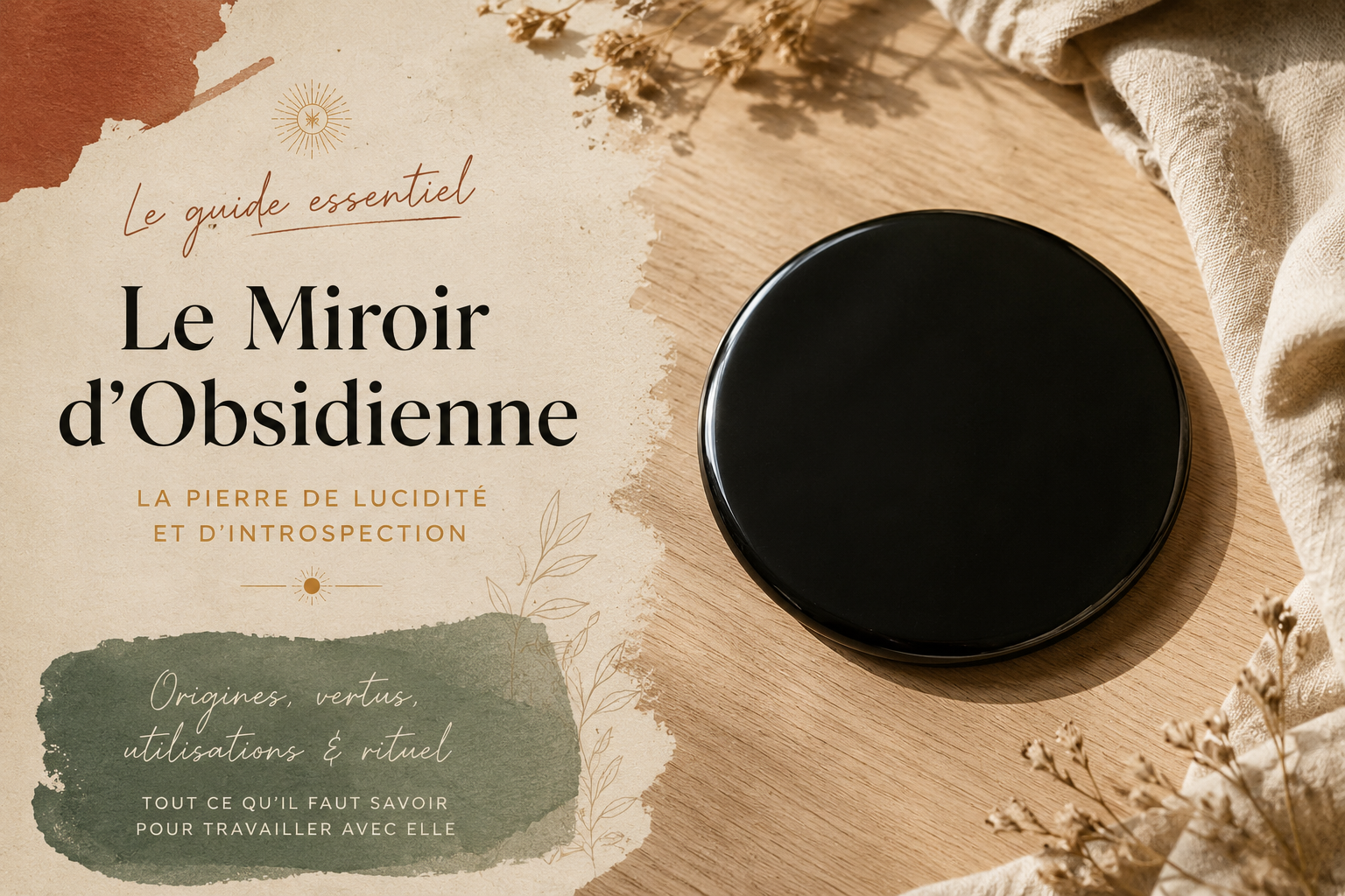 Disque poli d'obsidienne noire posé sur une table en bois clair