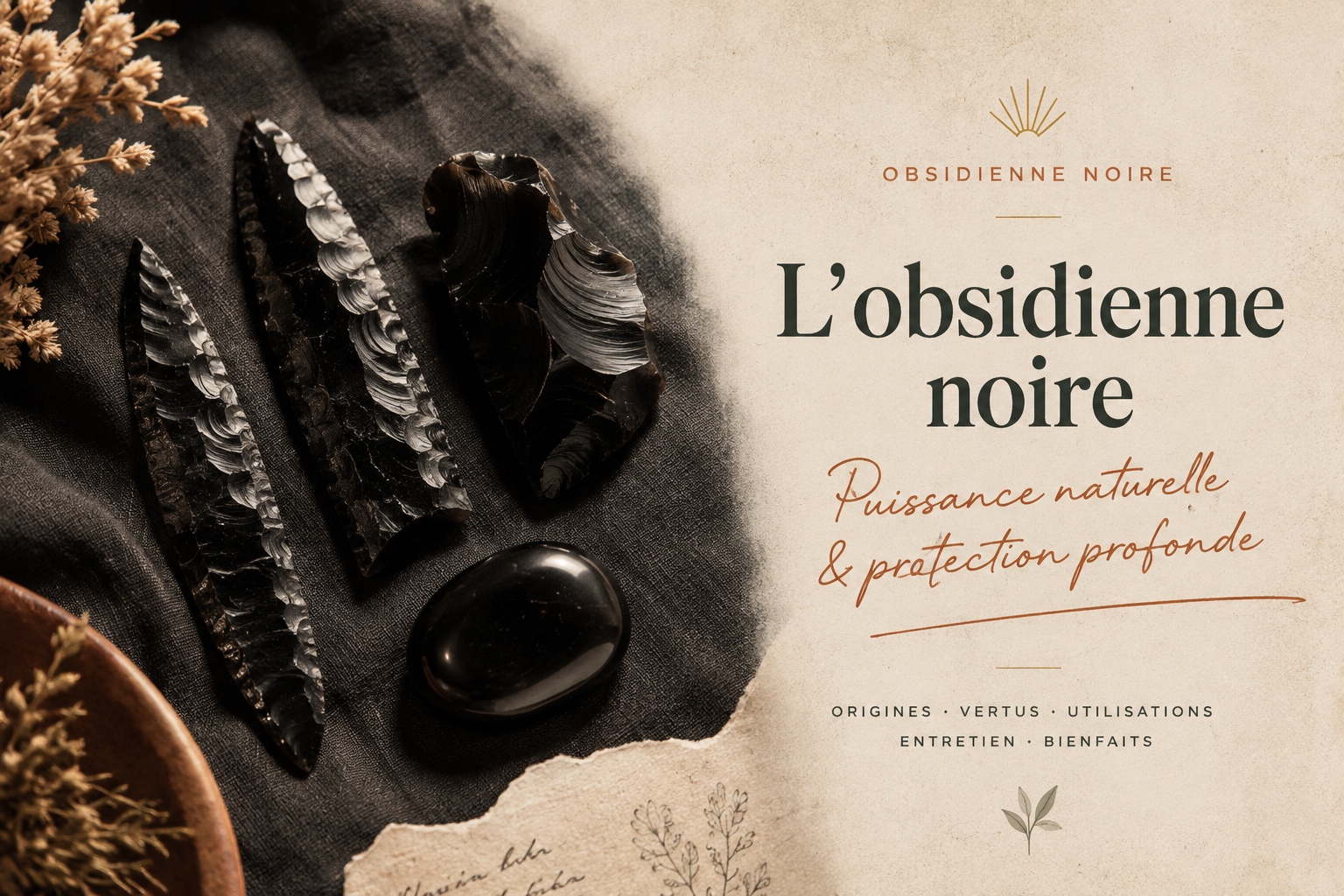 Mythes et légendes de la pierre d'obsidienne Fragments et lames d'obsidienne noire disposés sur une étoffe sombre