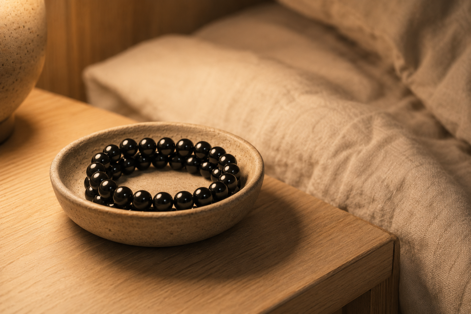 Sleeping with black obsidian Black obsidian bracelet removed and set in a dish before bedtime