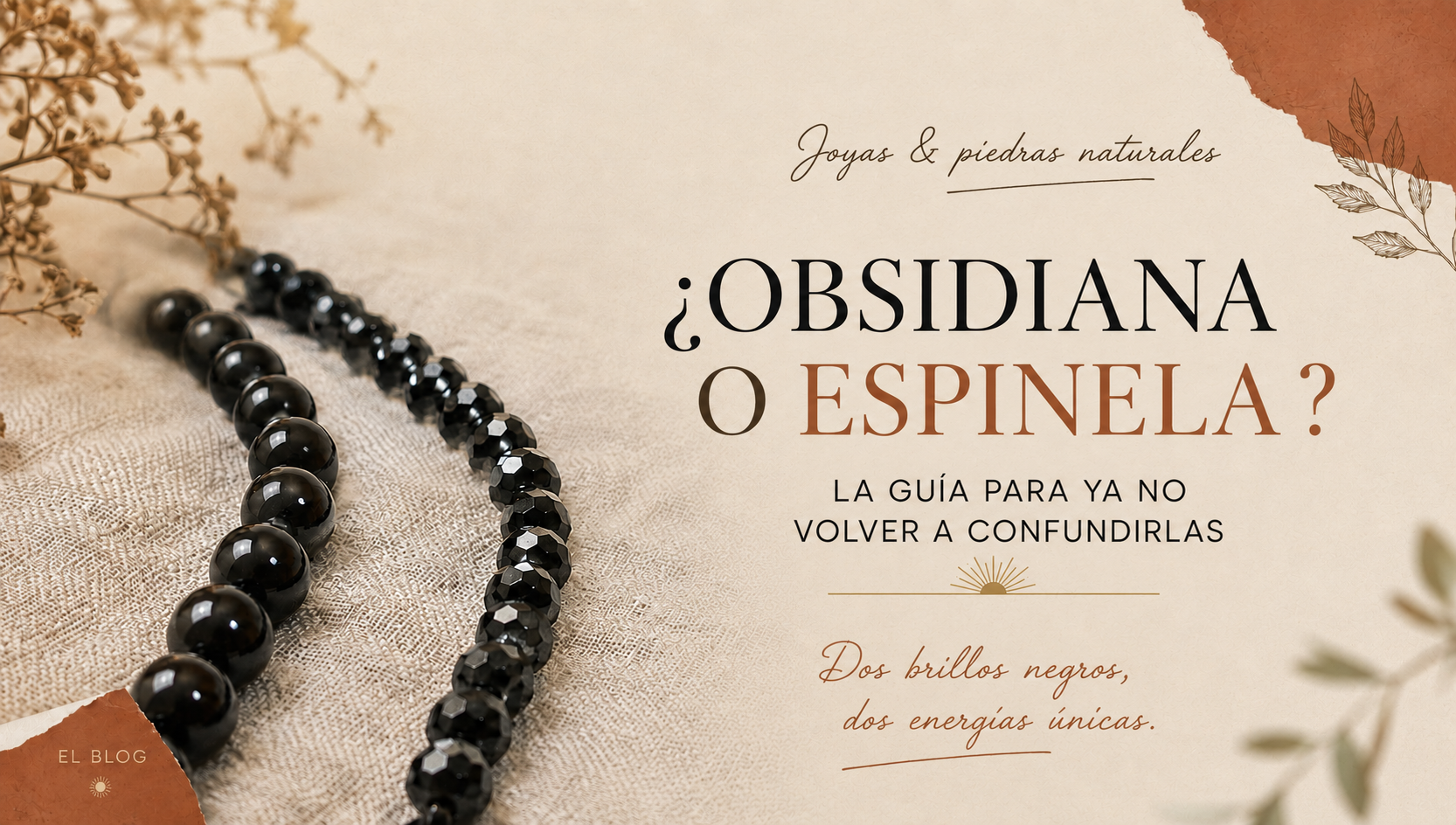 Cuentas de obsidiana negra y espinela negra lado a lado sobre lino claro