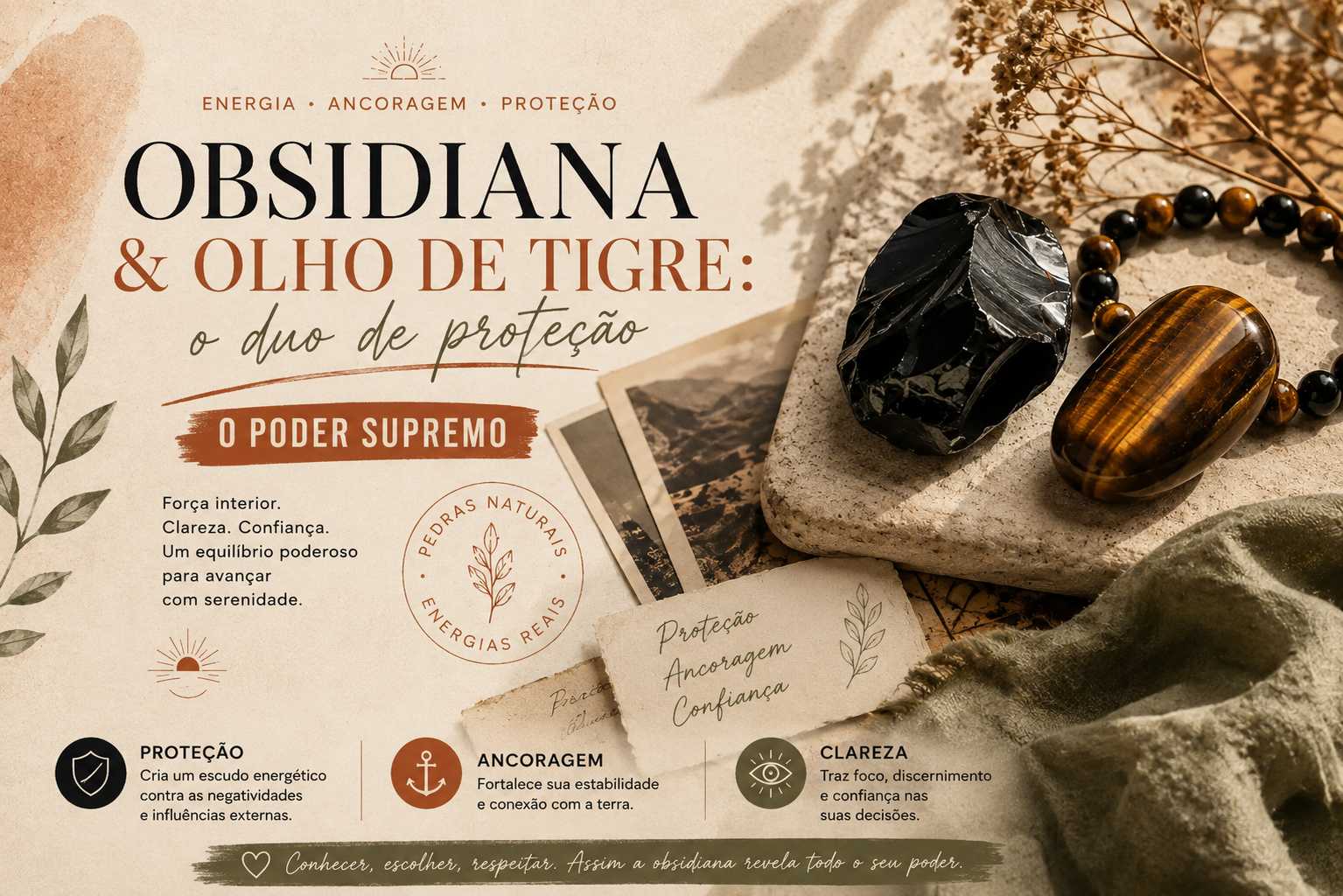 Obsidiana e olho de tigre: o duo de proteção reunido em uma pulseira
