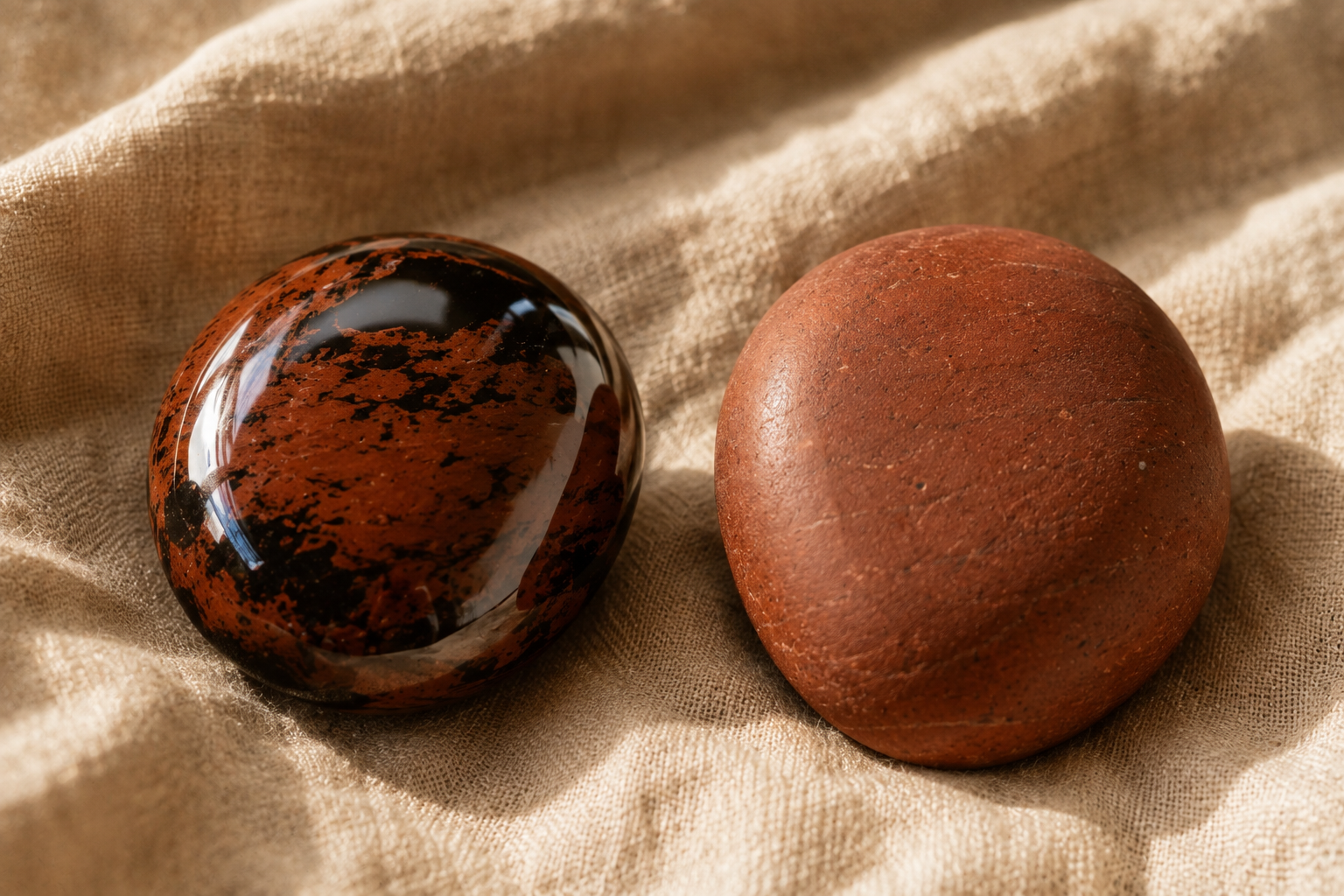 Comparaison entre une obsidienne acajou vitreuse et un jaspe acajou mat