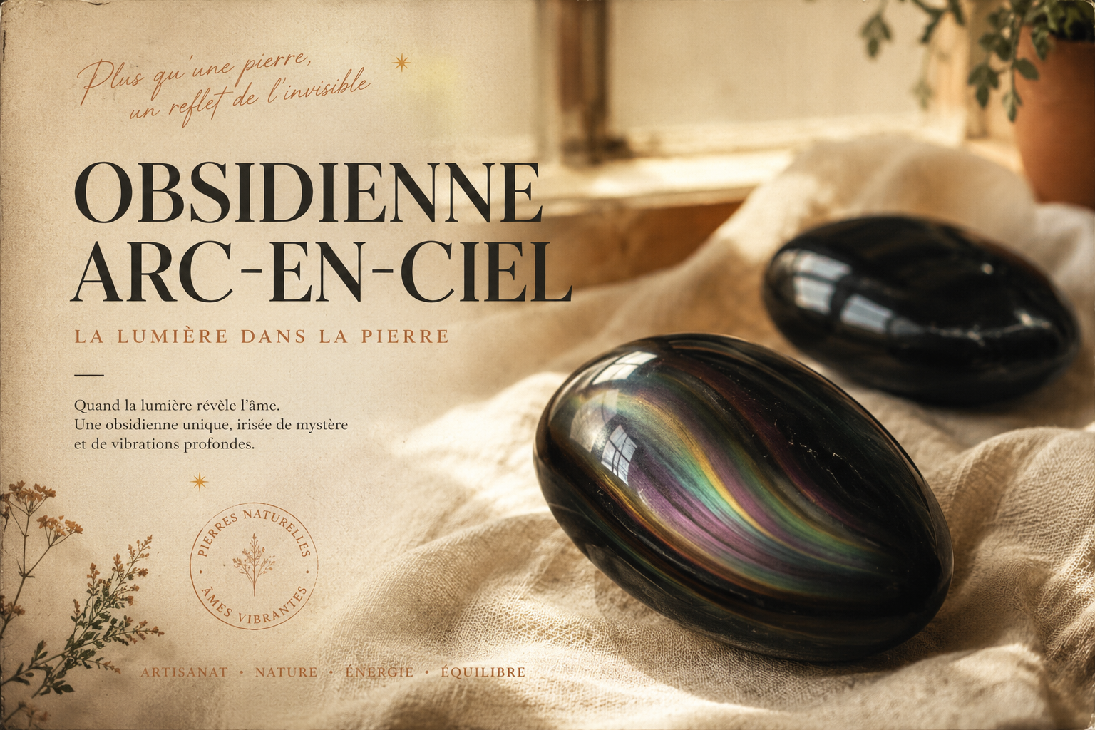 Obsidienne arc-en-ciel polie révélant des irisations vertes et pourpres