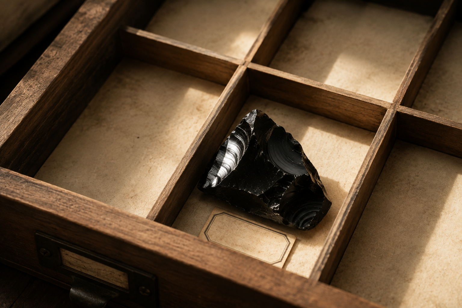 Mythes et légendes de la pierre d'obsidienne Fragment d'obsidienne dans un tiroir de cabinet de curiosités en bois