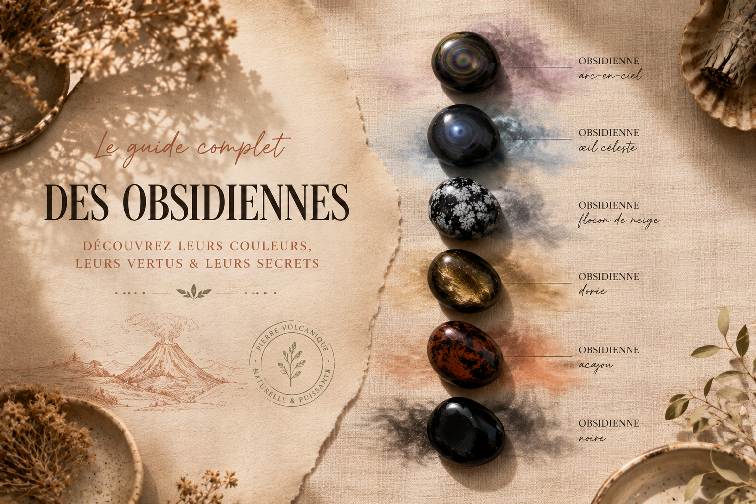 Obsidienne et chakras : le guide complet Obsidiennes de différentes variétés alignées le long des sept chakras