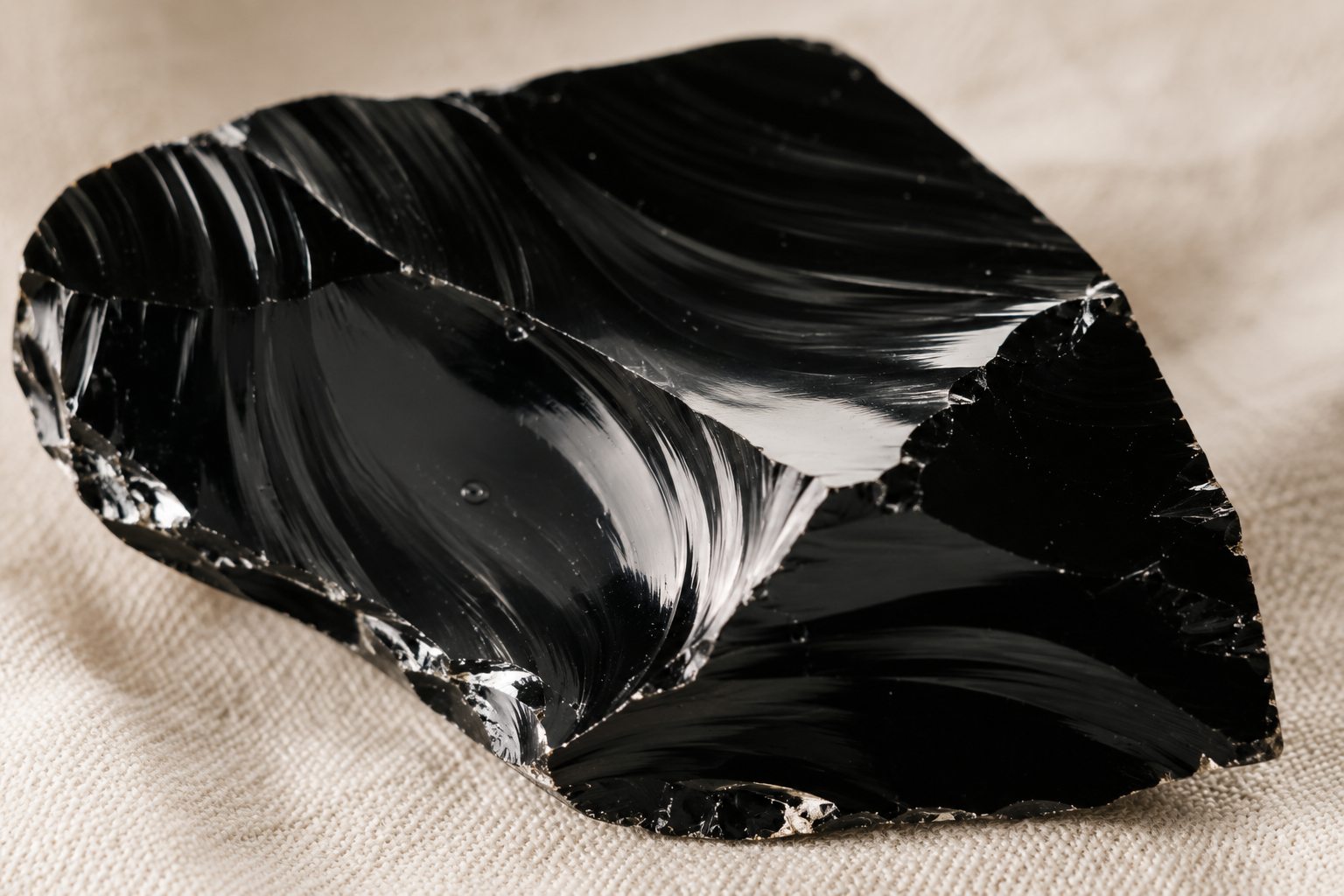 Glassy surface of black obsidian showing a shell-shaped fracture