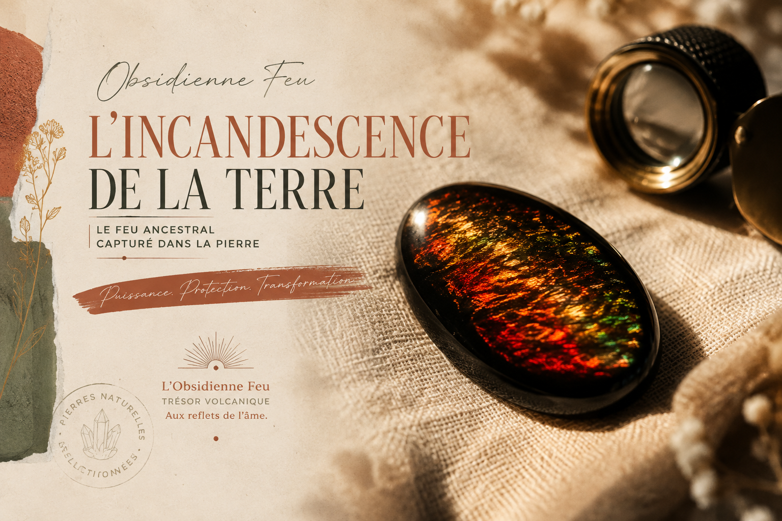 Obsidienne feu polie aux irisations rouge flamme et vertes façon opale