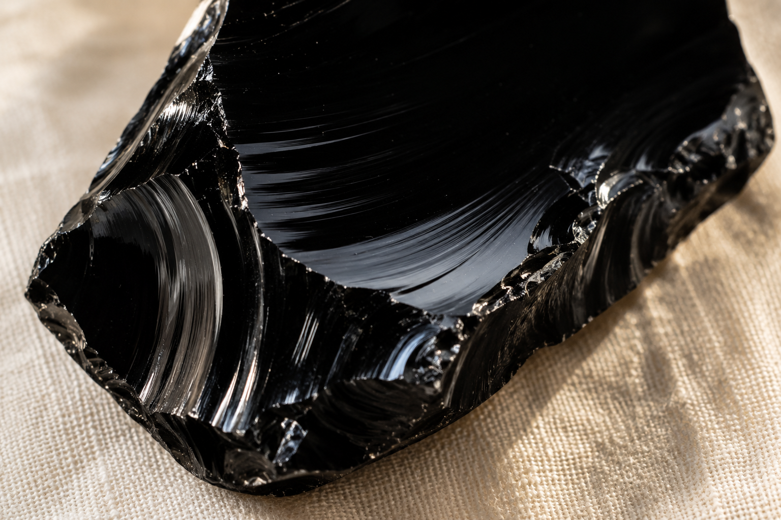 Splitter aus schwarzem Obsidian mit muscheligem Bruch