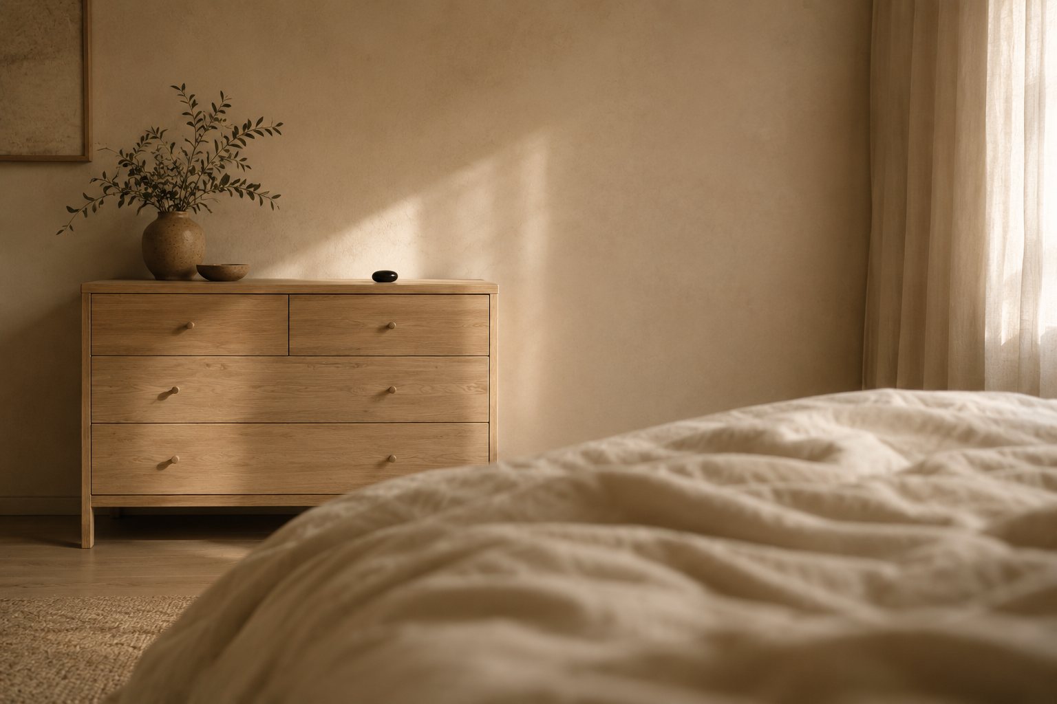 Obsidienne noire posée à distance du lit, sur une commode de chambre