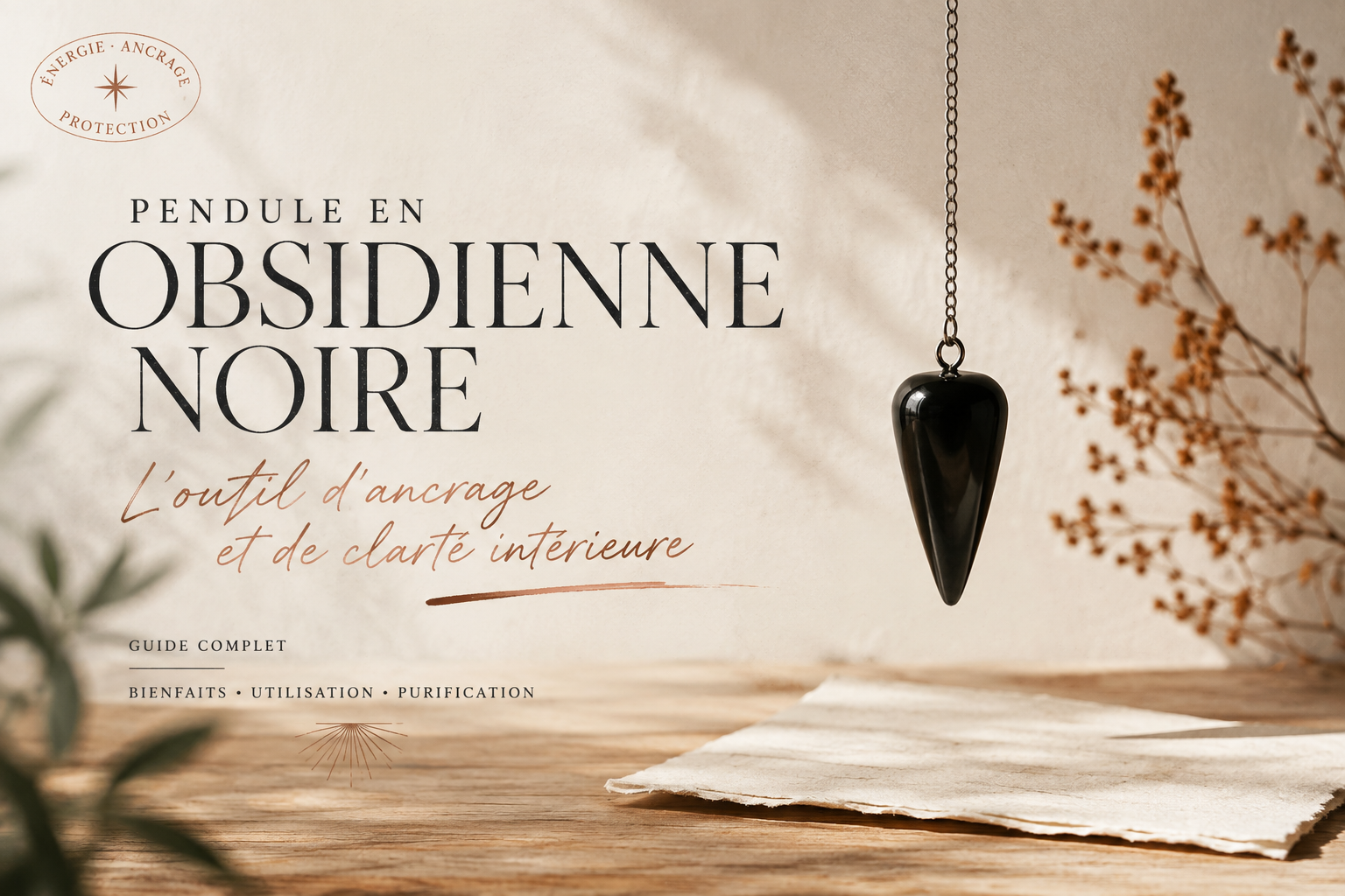 Pendule en obsidienne noire suspendu à une chaîne au-dessus d'une table en bois