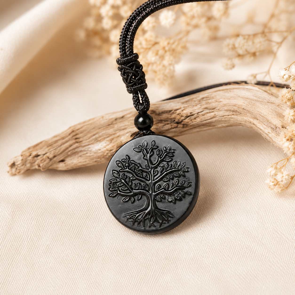 Pendentif Arbre de Vie en Obsidienne Noire pendentif arbre de vie obsidienne