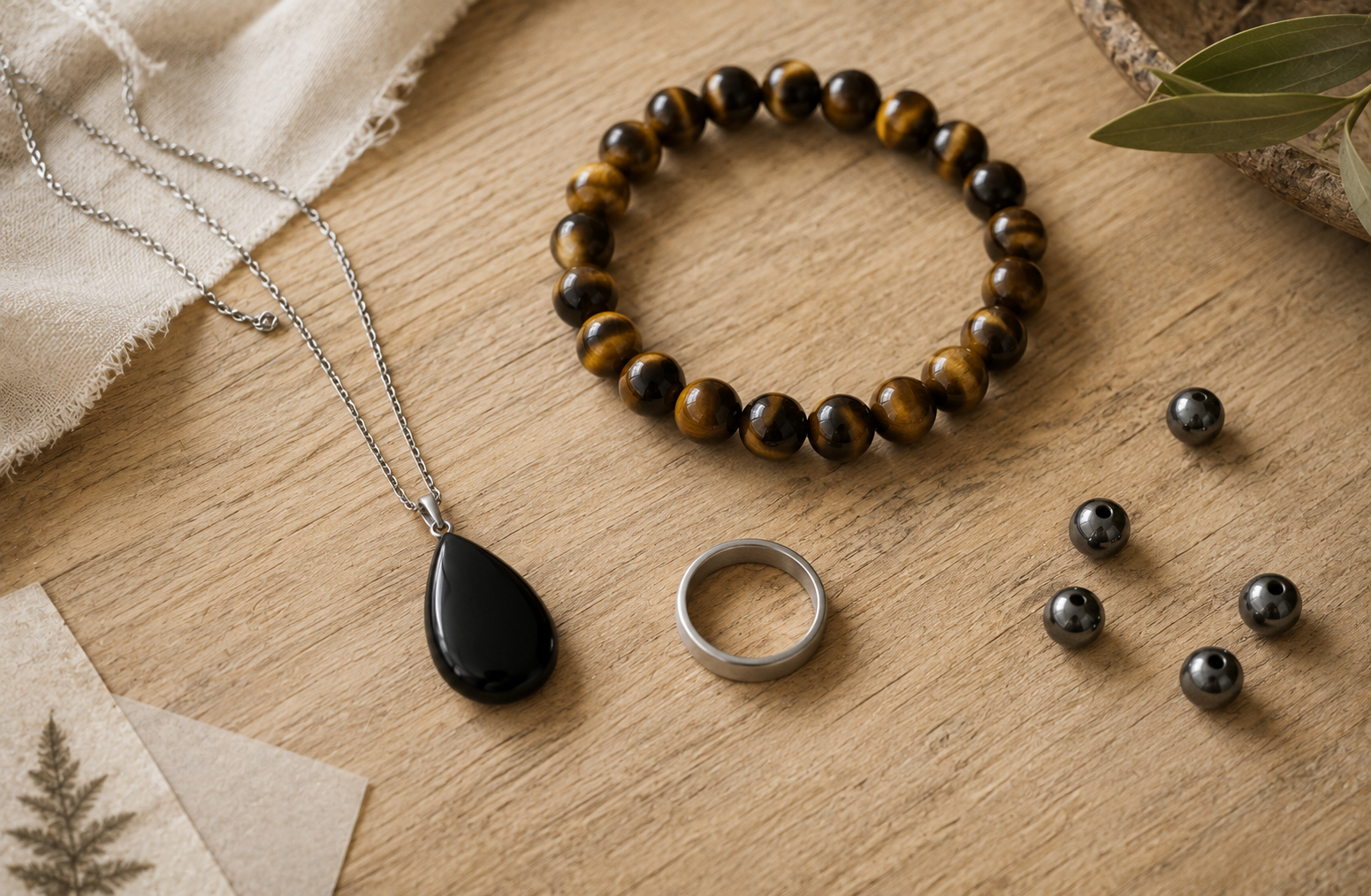 Pendentif d'obsidienne noire posé à côté d'un bracelet d'œil de tigre et d'une bague argent