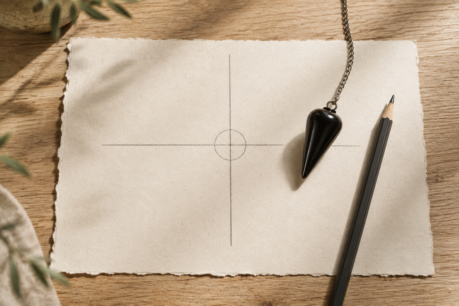 Pendule d'obsidienne au-dessus d'une feuille où sont tracés les axes de réponse