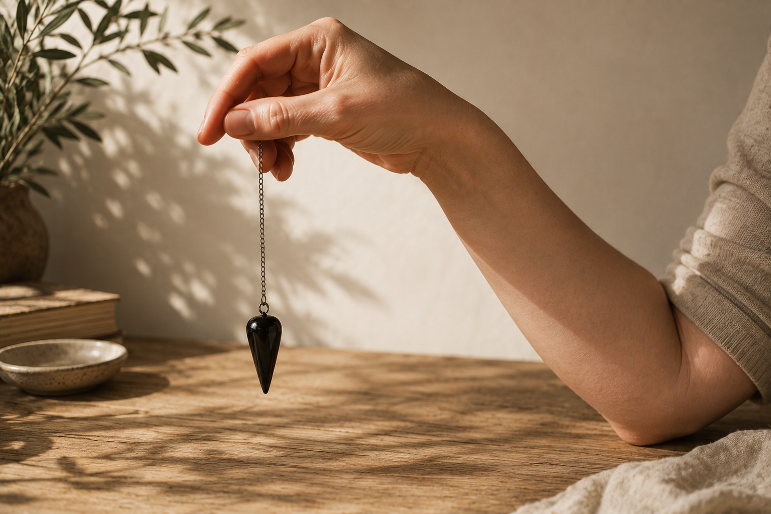 Main tenant la chaîne d'un pendule d'obsidienne, coude posé sur une table